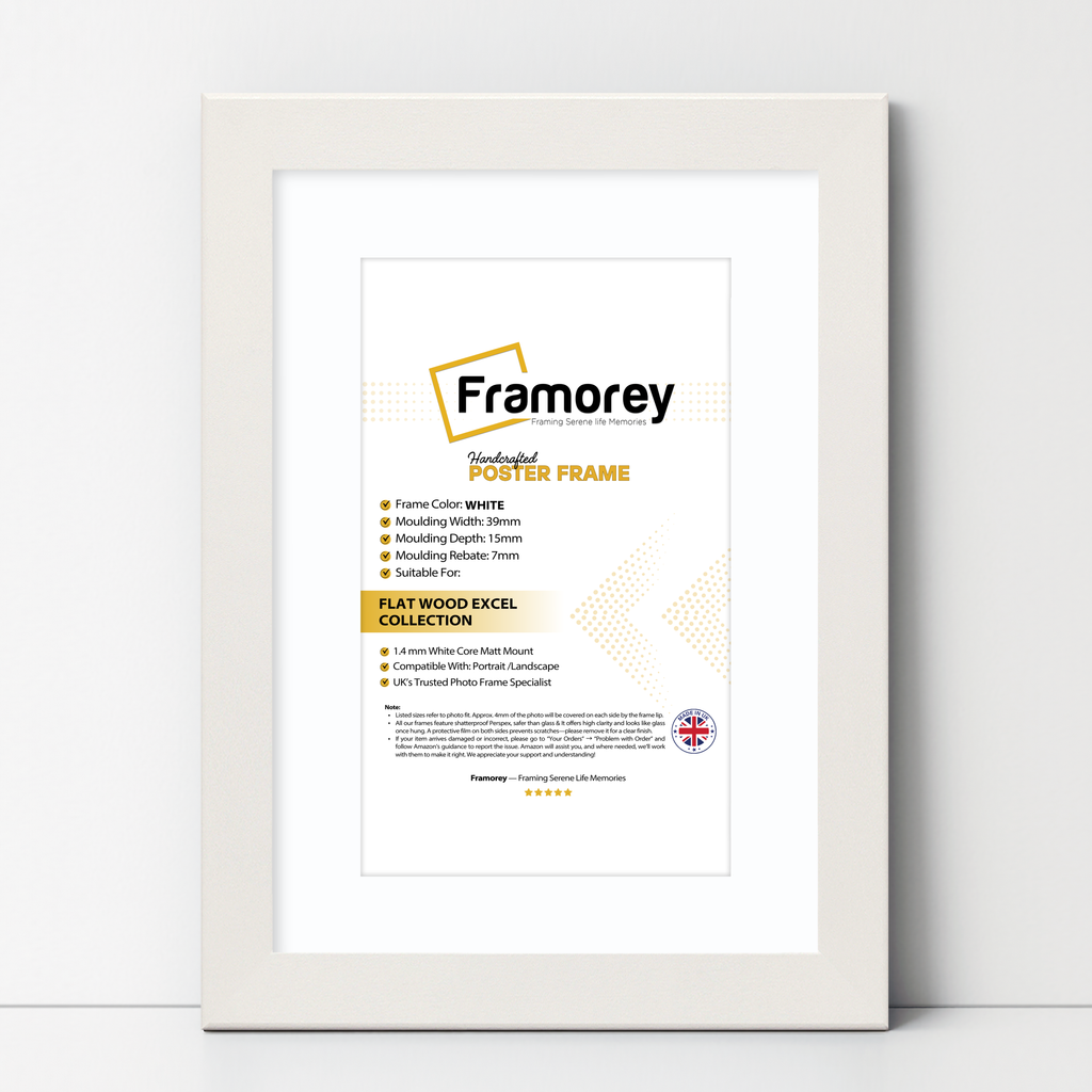White wooden poster frame With White Mount, flat texture, premium wall décor frame on a White surface standing with a wall