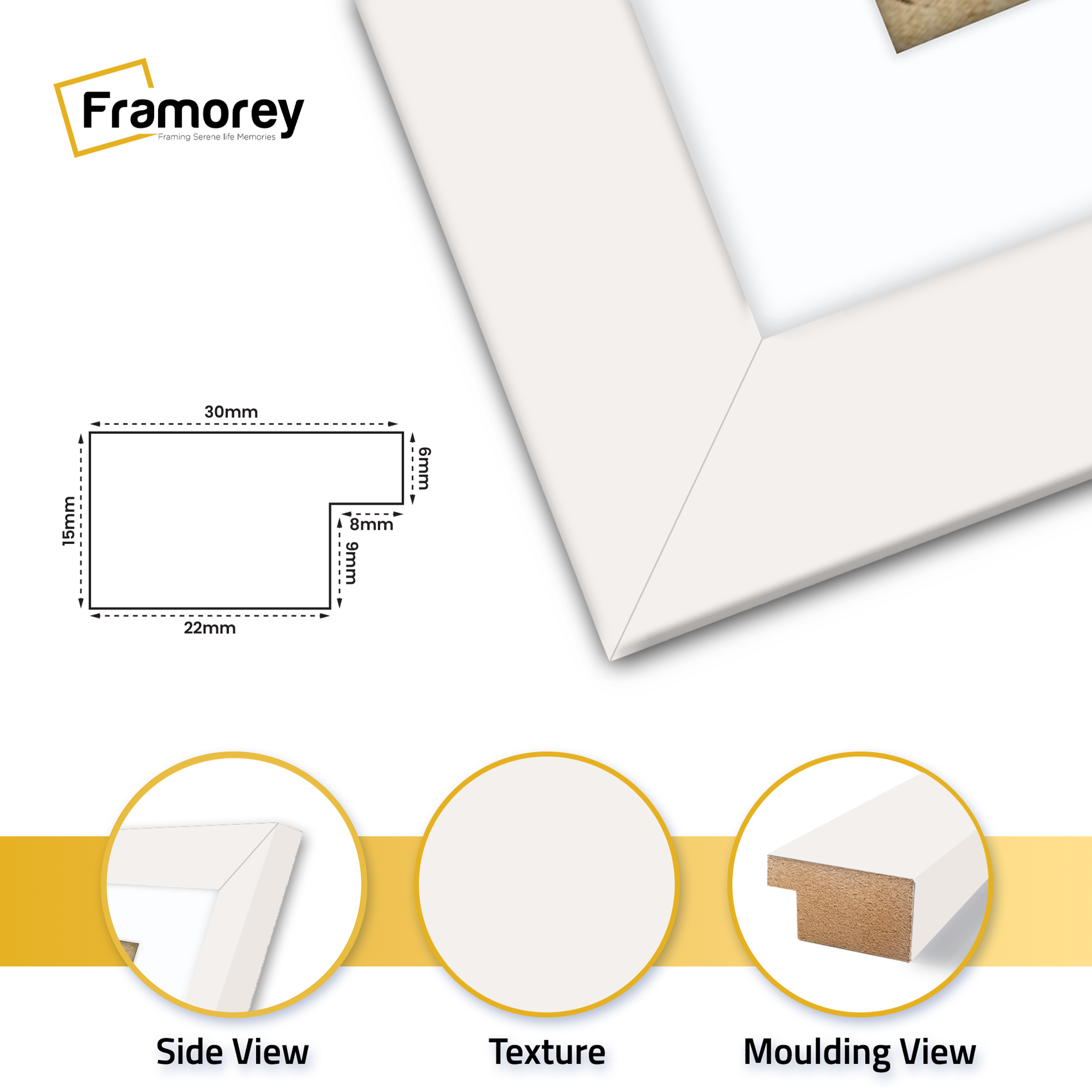 close view of White Photo Print frame featuring side view, texture and molding view