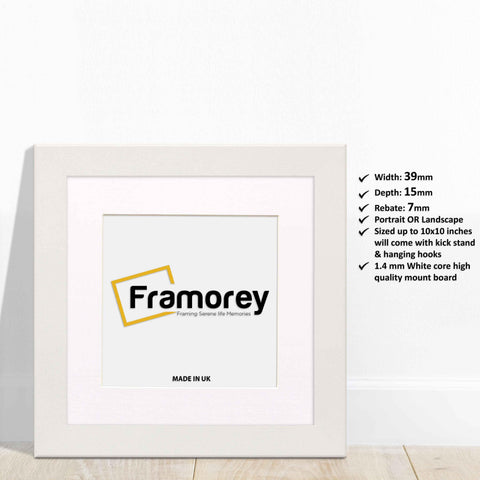 Square Size White Photo Frames with white mount leaning with the wall with some details.
