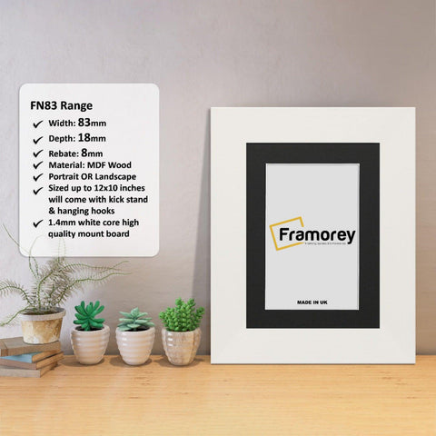 White Picture Frame with Black mount Poster Frame with a Framorey logo and some detail on its measurement.