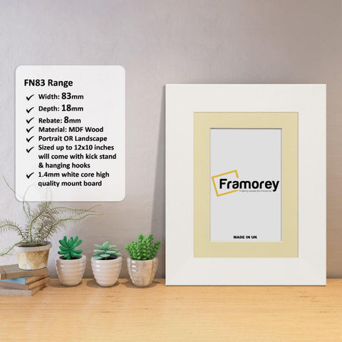 White Picture Frame with Ivory mount Poster Frame with a Framorey logo and some detail on its measurement.