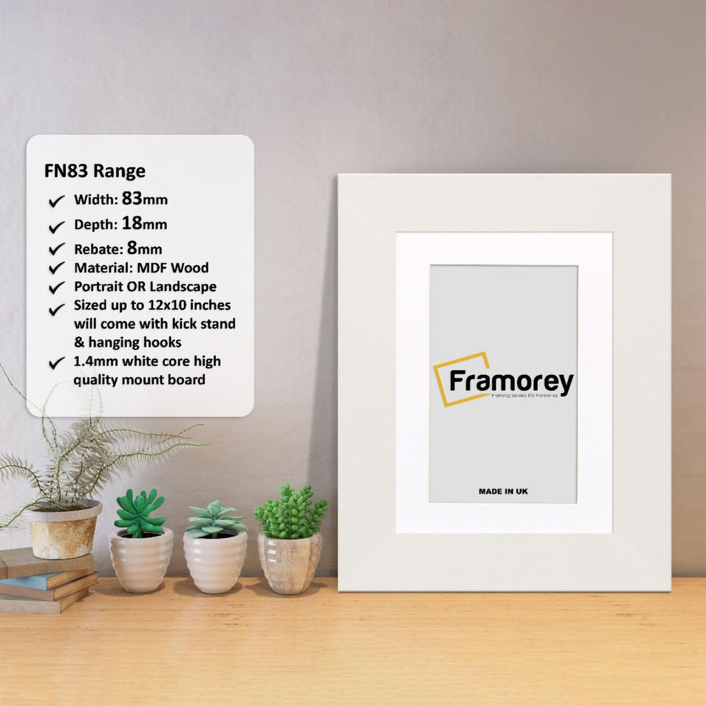 White Photo Frame with White mount Poster Frame with a Framorey logo and some detail on its measurement.