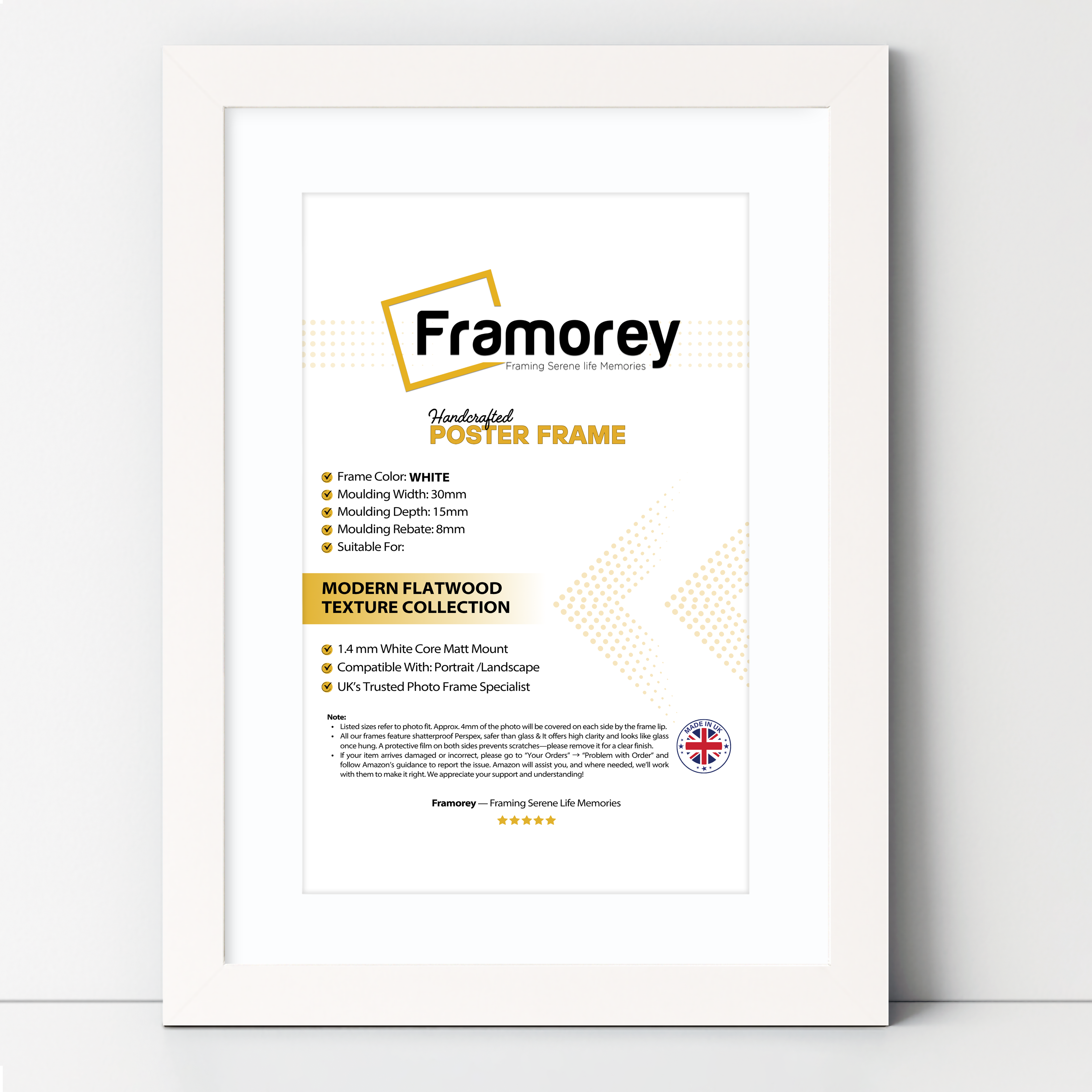 White picture frame With White Mount shown from front view on a plain white surface standing with a wall