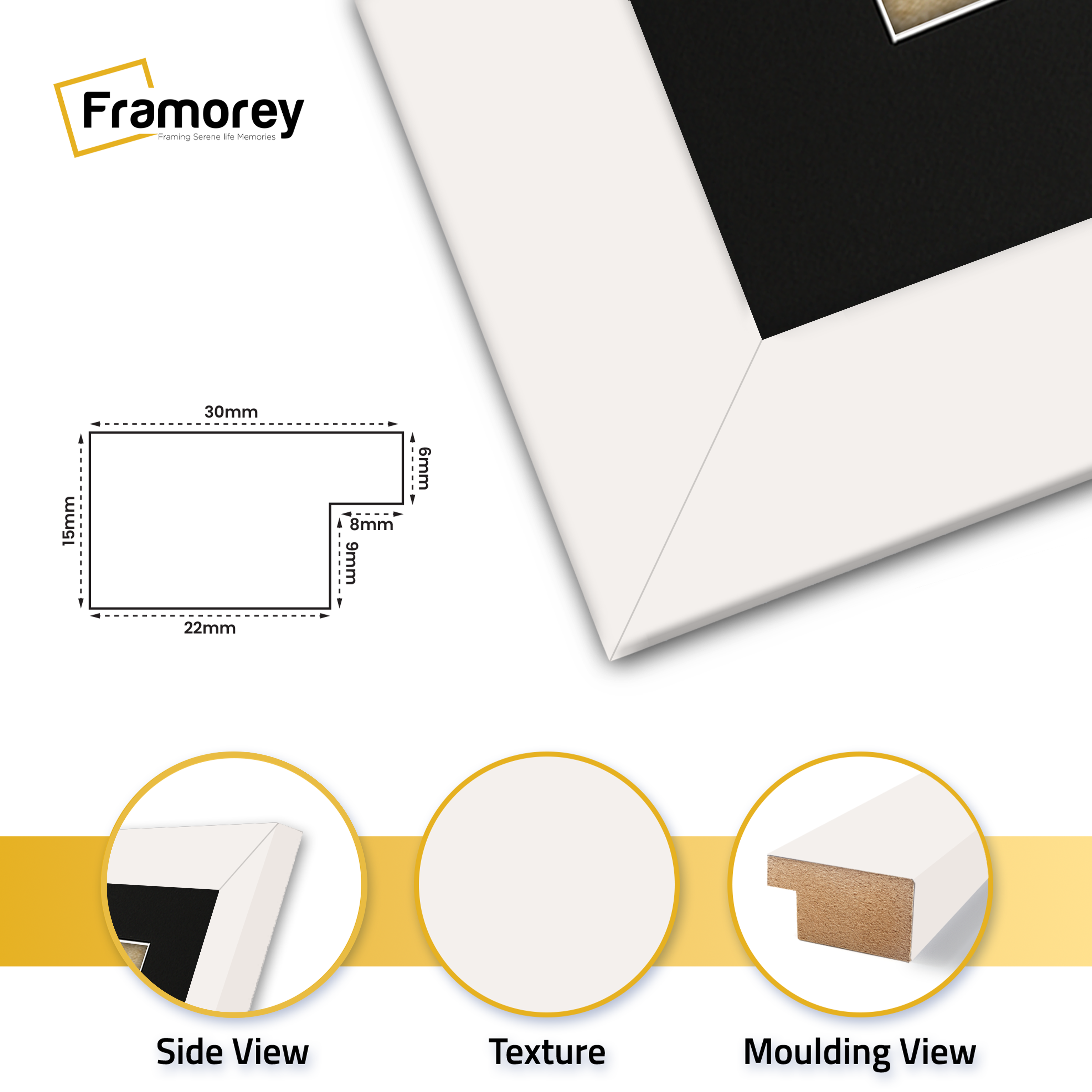 close view of White Photo frame featuring side view texture and molding view