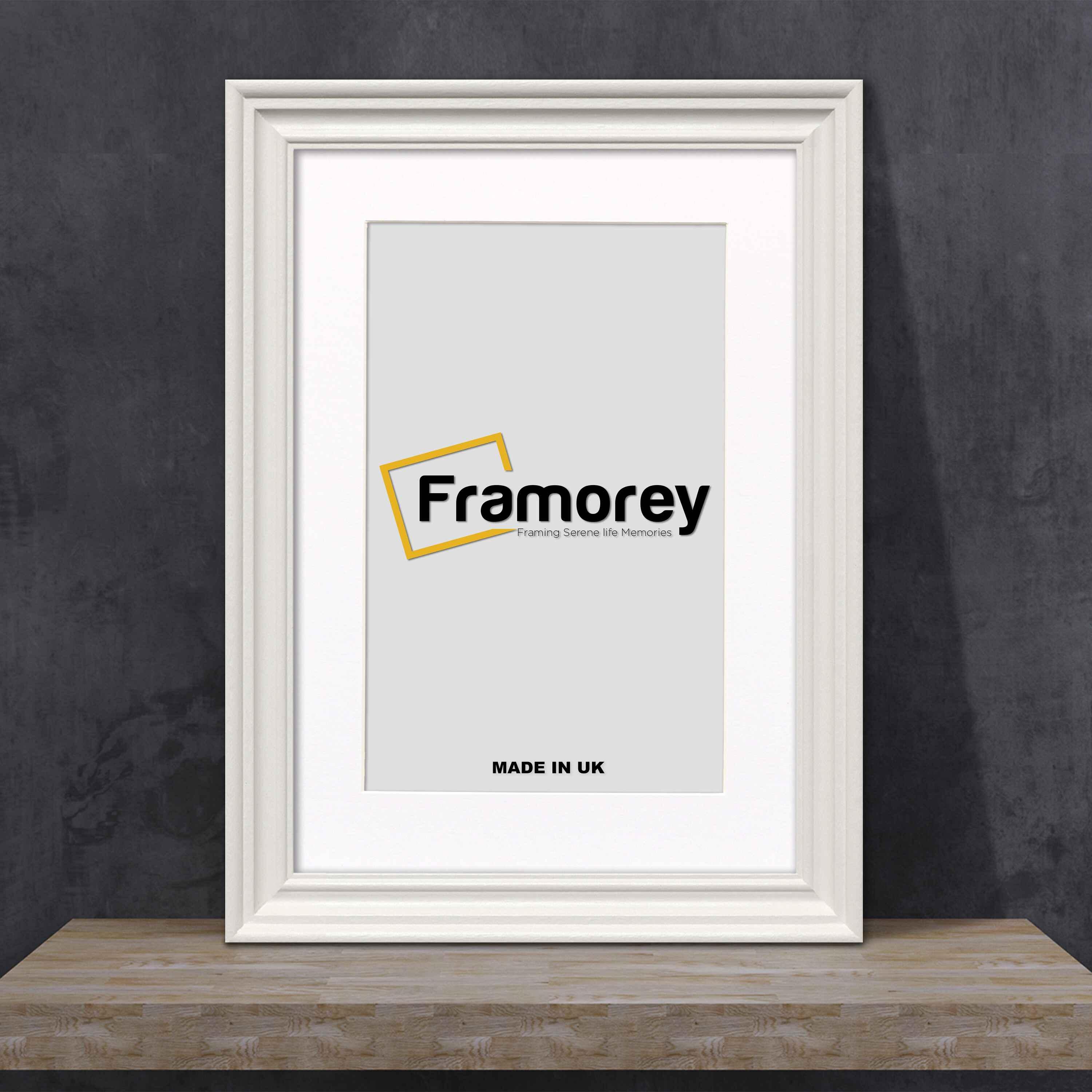 Swept Style White Picture Frame Wall Décor Photo Frame With White Mount on a wooden slab leaning with the wall.