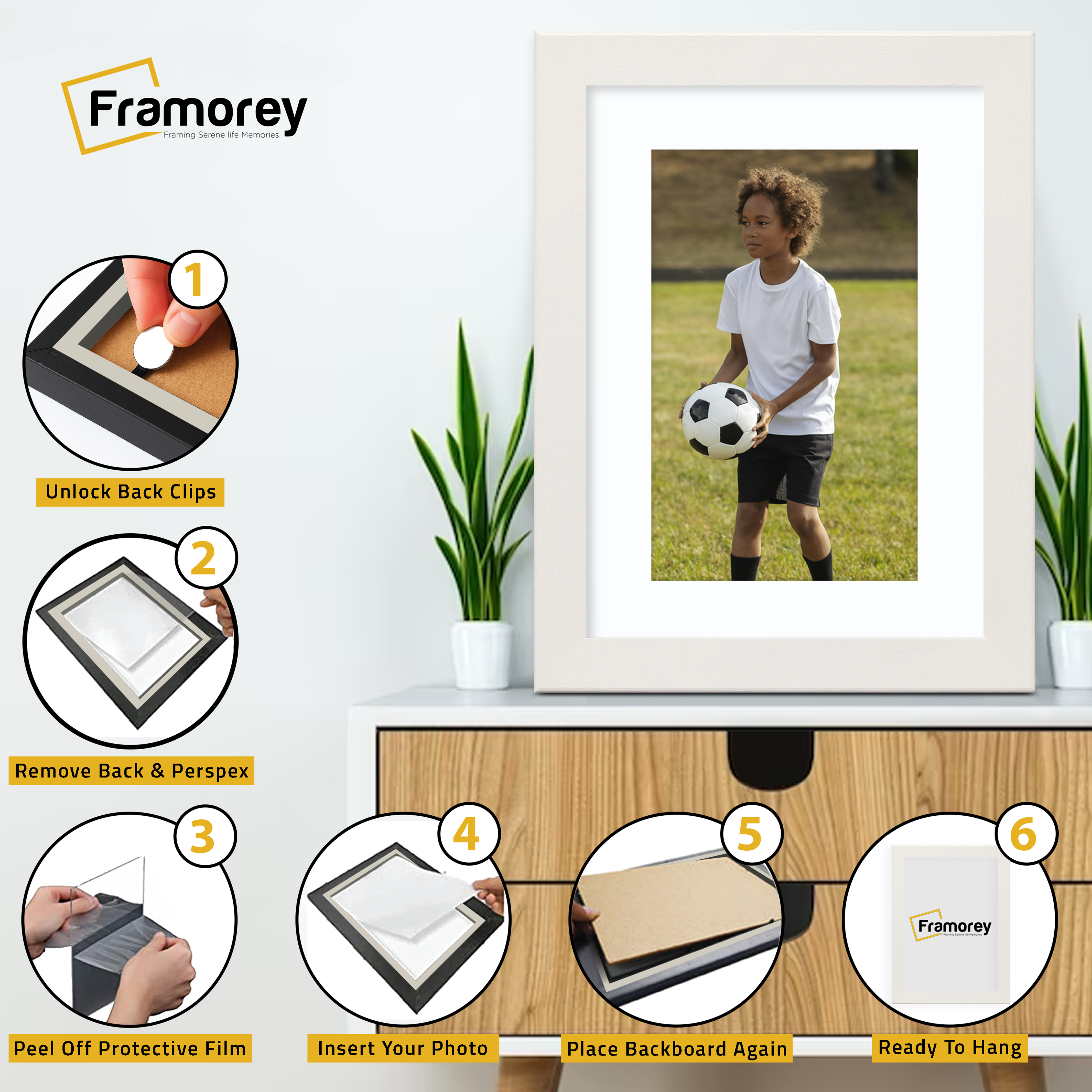illustration of how to install a White With White Mount picture frame step by step
