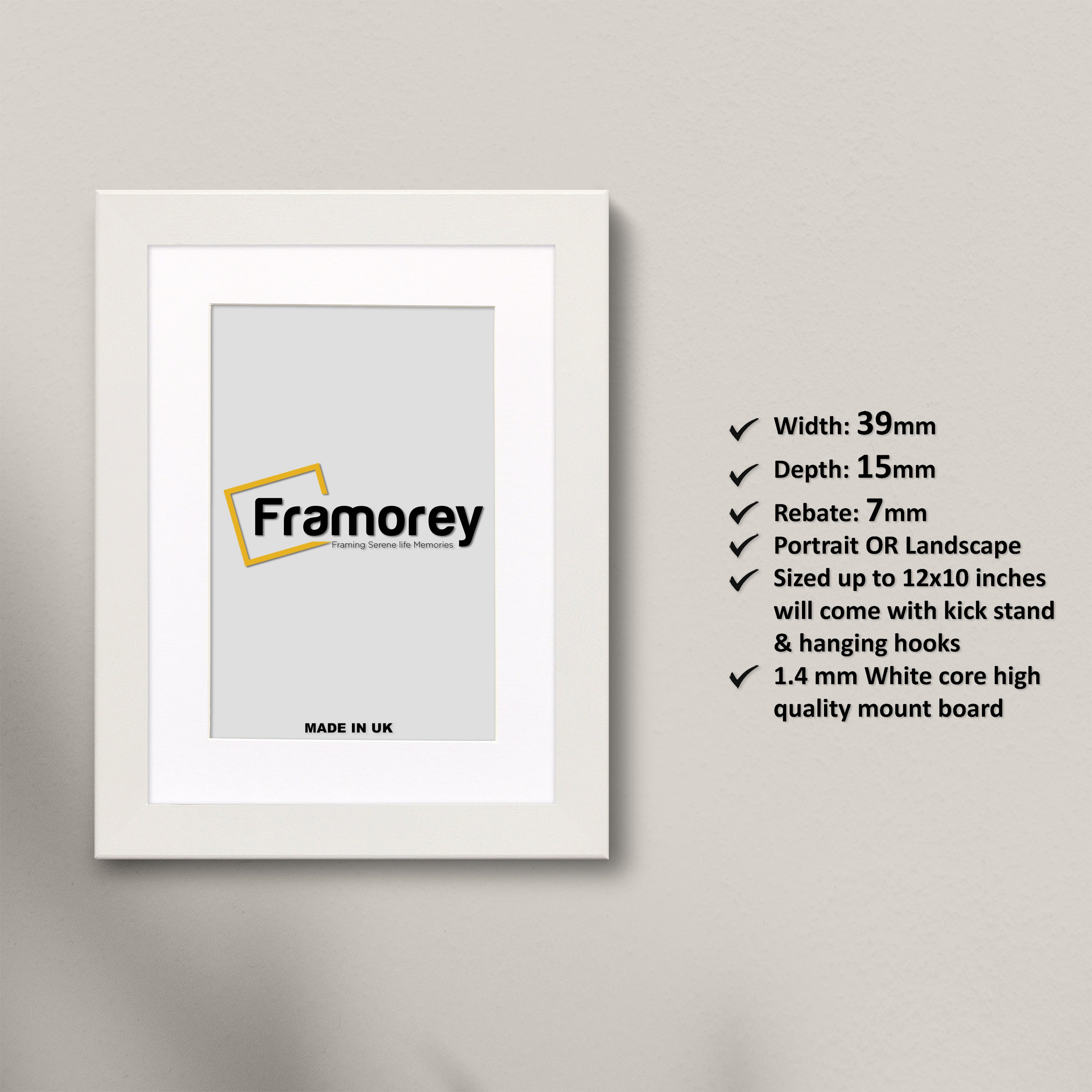 Modern white wood picture frame with white mount, front view dark wood photo frame for gallery wall art display
