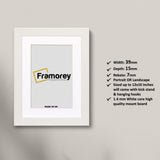 Modern white wood picture frame with white mount, front view dark wood photo frame for gallery wall art display