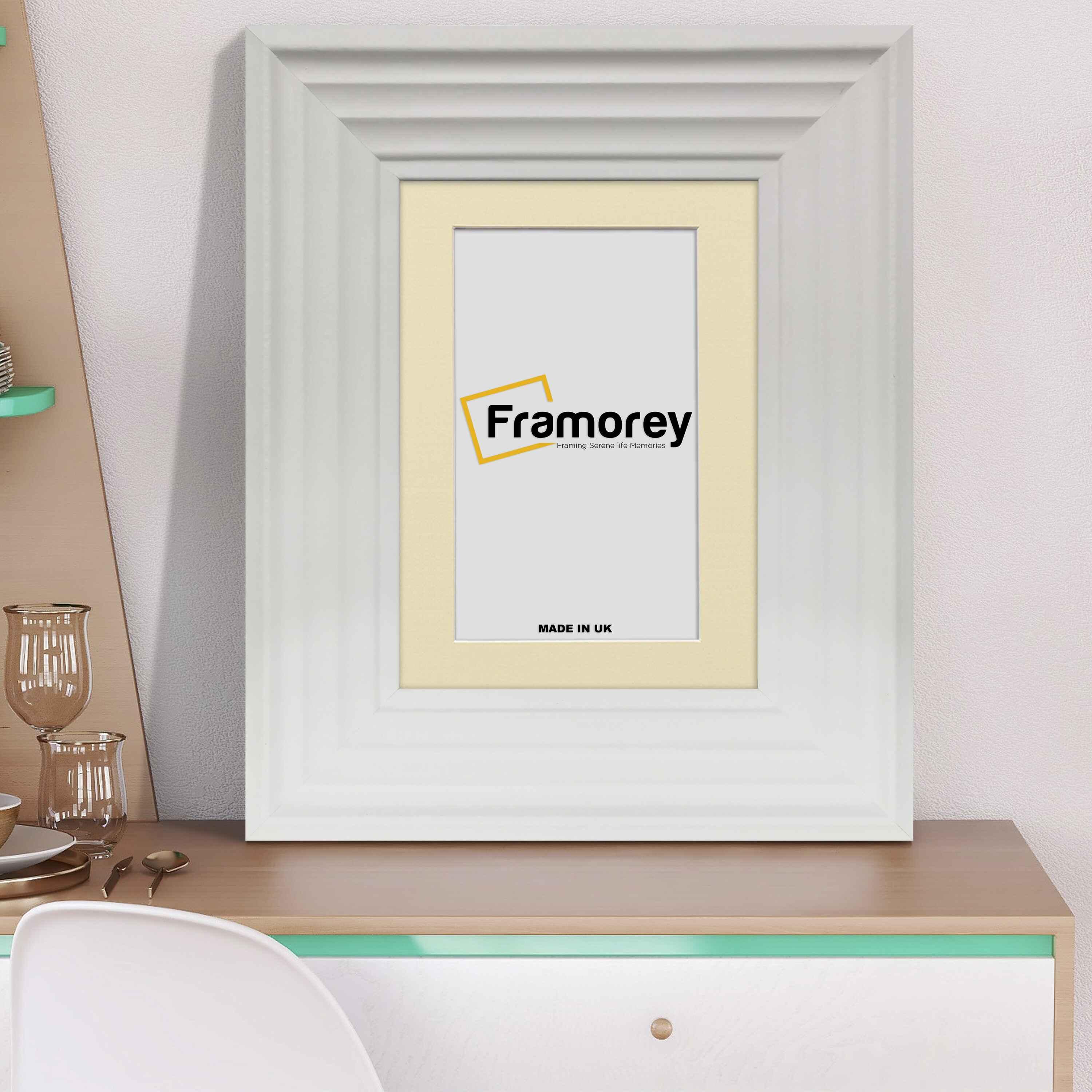 White Wood Picture Frame With Mount on a wooden table