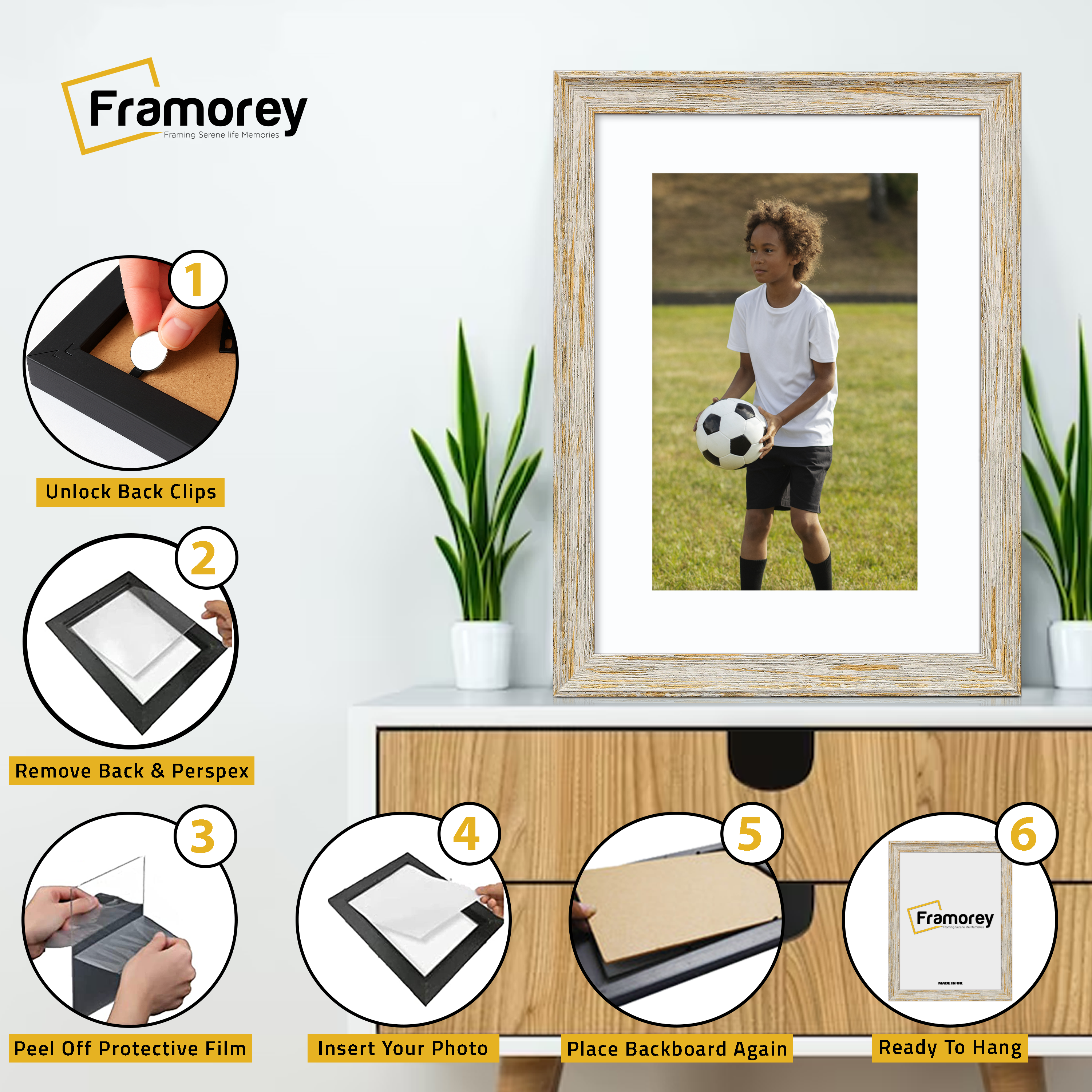 Step-by-step guide showing how to insert a photo into a white with white Vintage picture frame