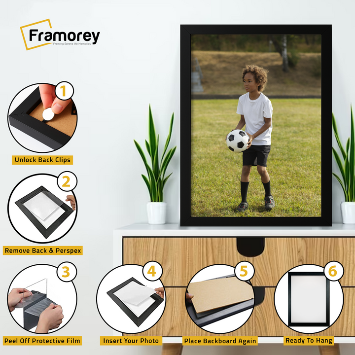 Step-by-step guide showing how to insert a photo into a picture frame