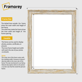 White vintage picture frame size guide line diagram showing outer picture frame dimensions and inner opening dimensions,  plus brief usage notes