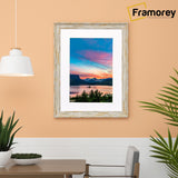 Front view of a vintage distressed white with white mount picture frame with a subtle textured aged finish,