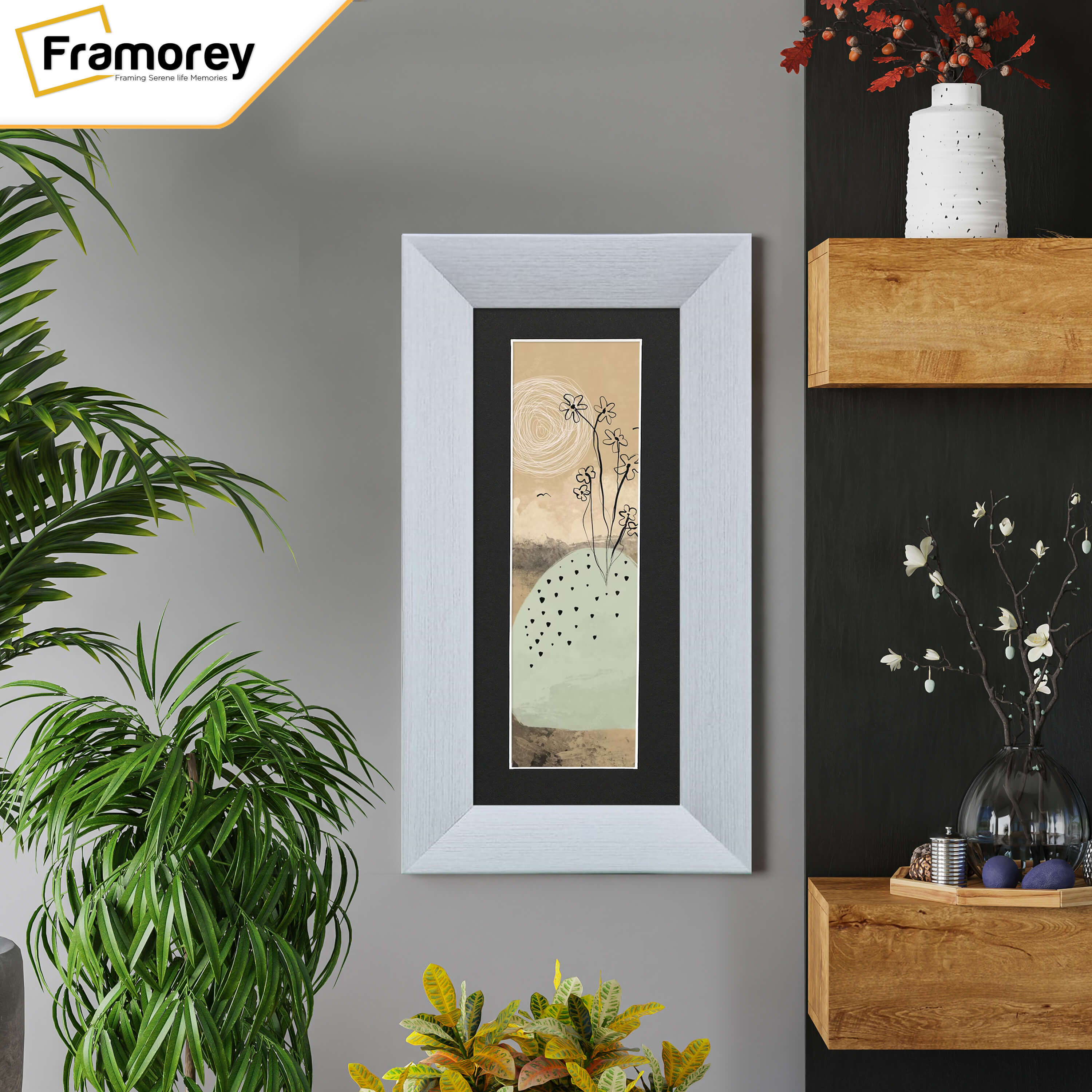 Panoramic Size Limed White Engraved Frames Handmade Poster Frames With Black Mount