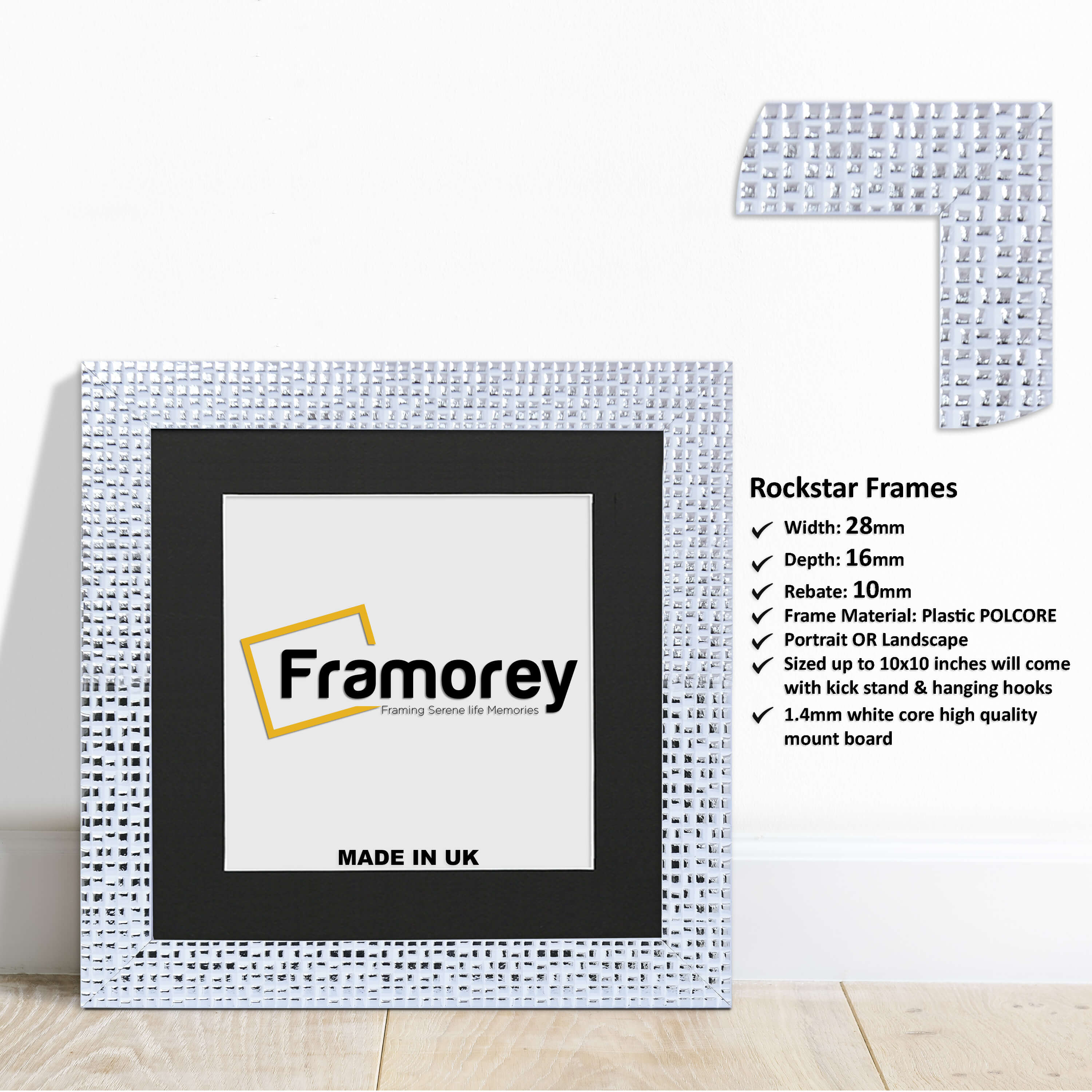 Square Size White Picture Frame Rockstar Style Photo Frame With Black Mount