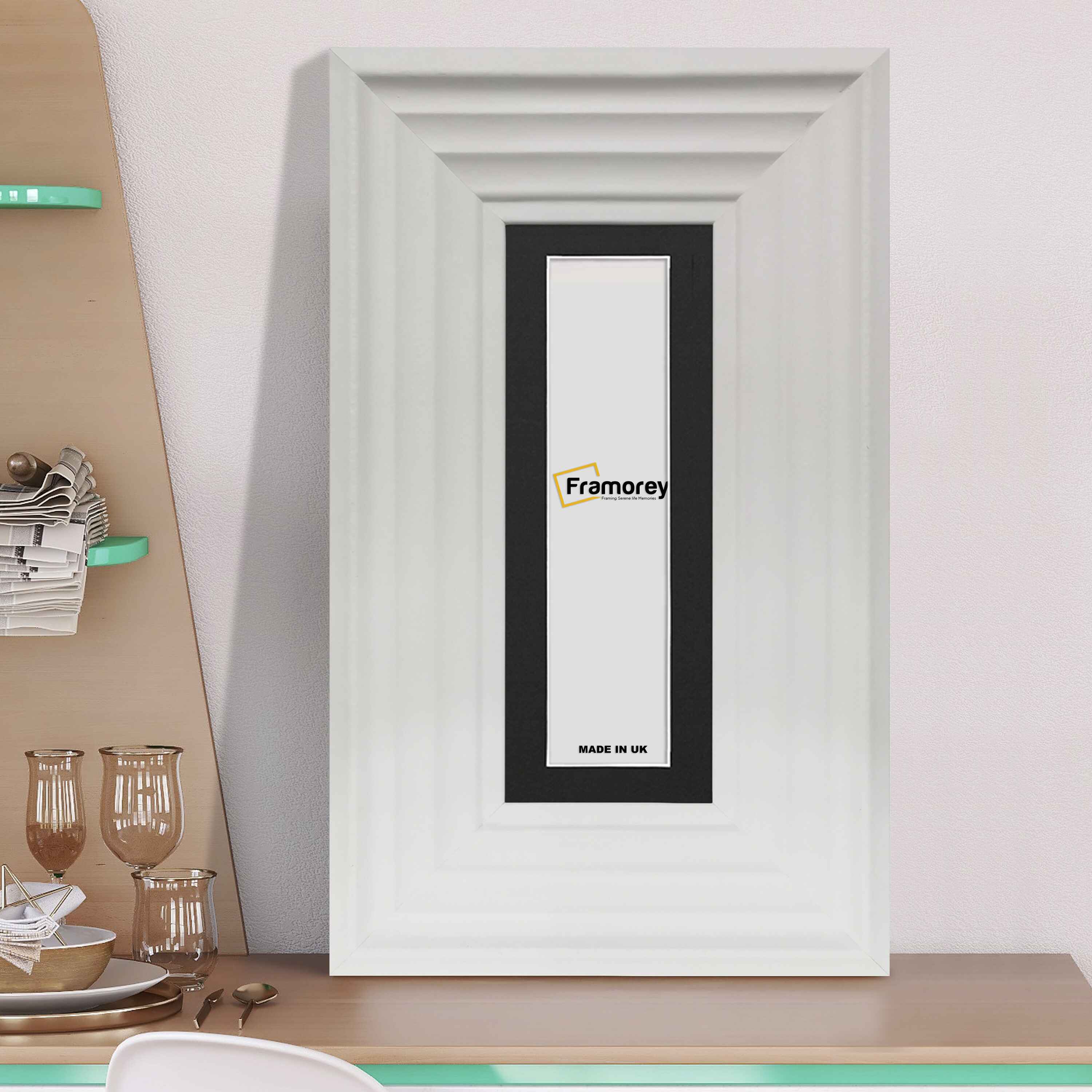 Panoramic Size White Wooden Picture Frame Big Step Style, With Black Mount