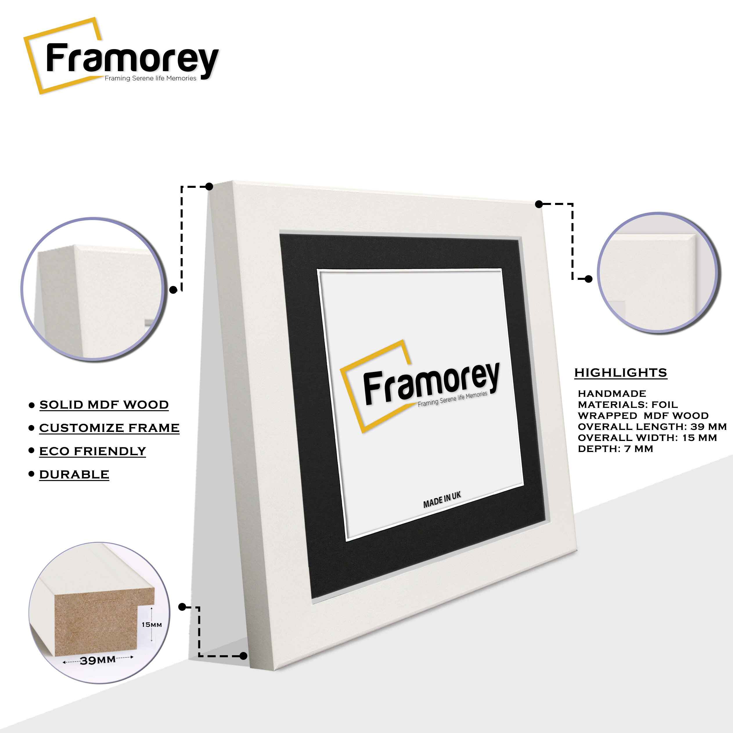 Square Size White Picture Frames Handmade Wooden Photo Frames With Black Mount