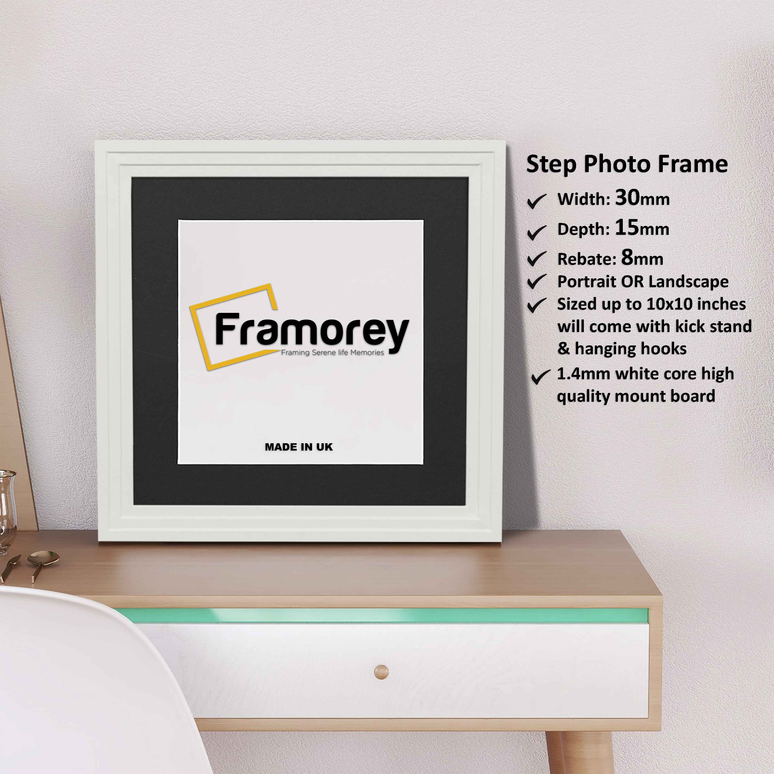 Step Style Square Size White Picture Frame With Black Mount
