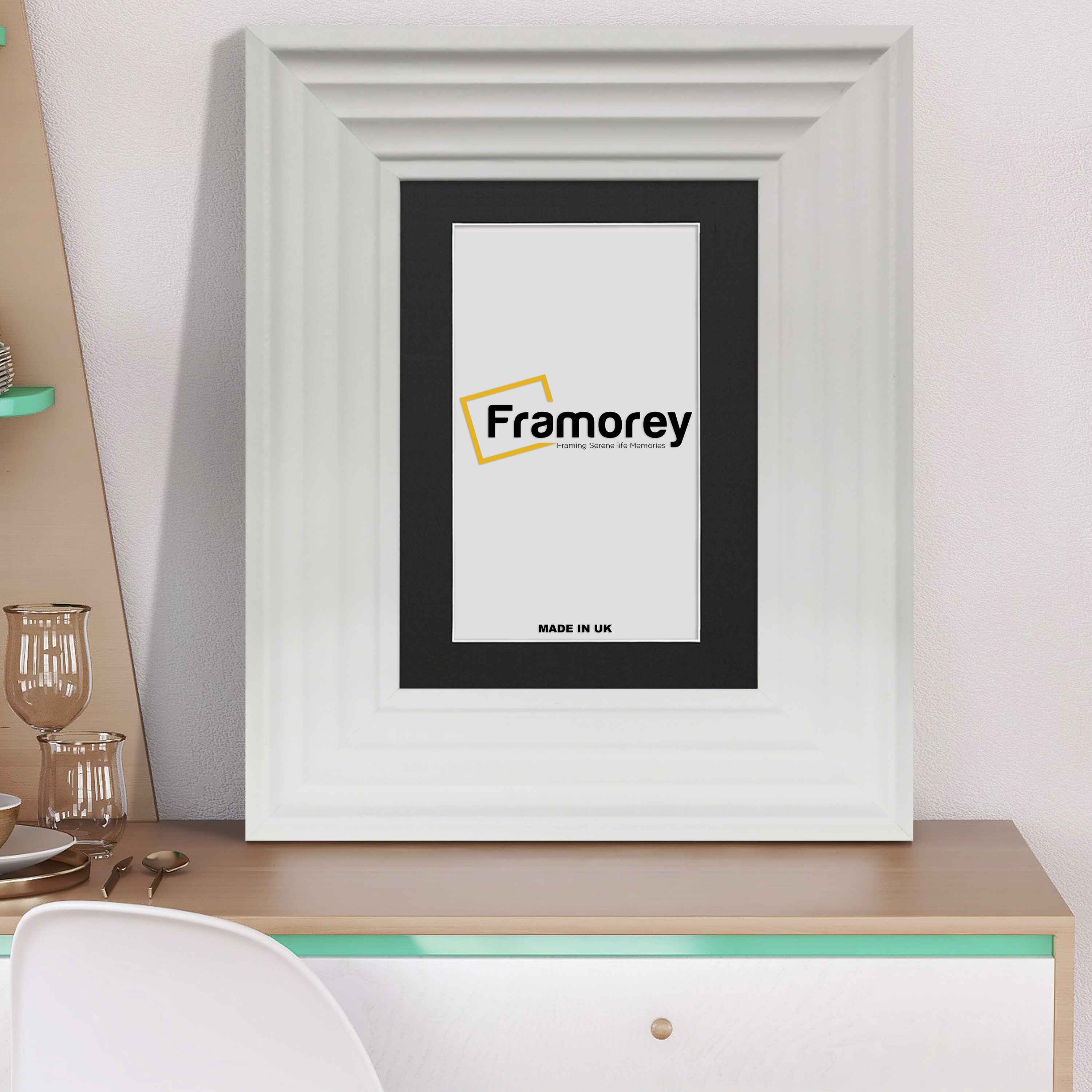 White Wooden Picture Frames Big Step Style, With Black Mount