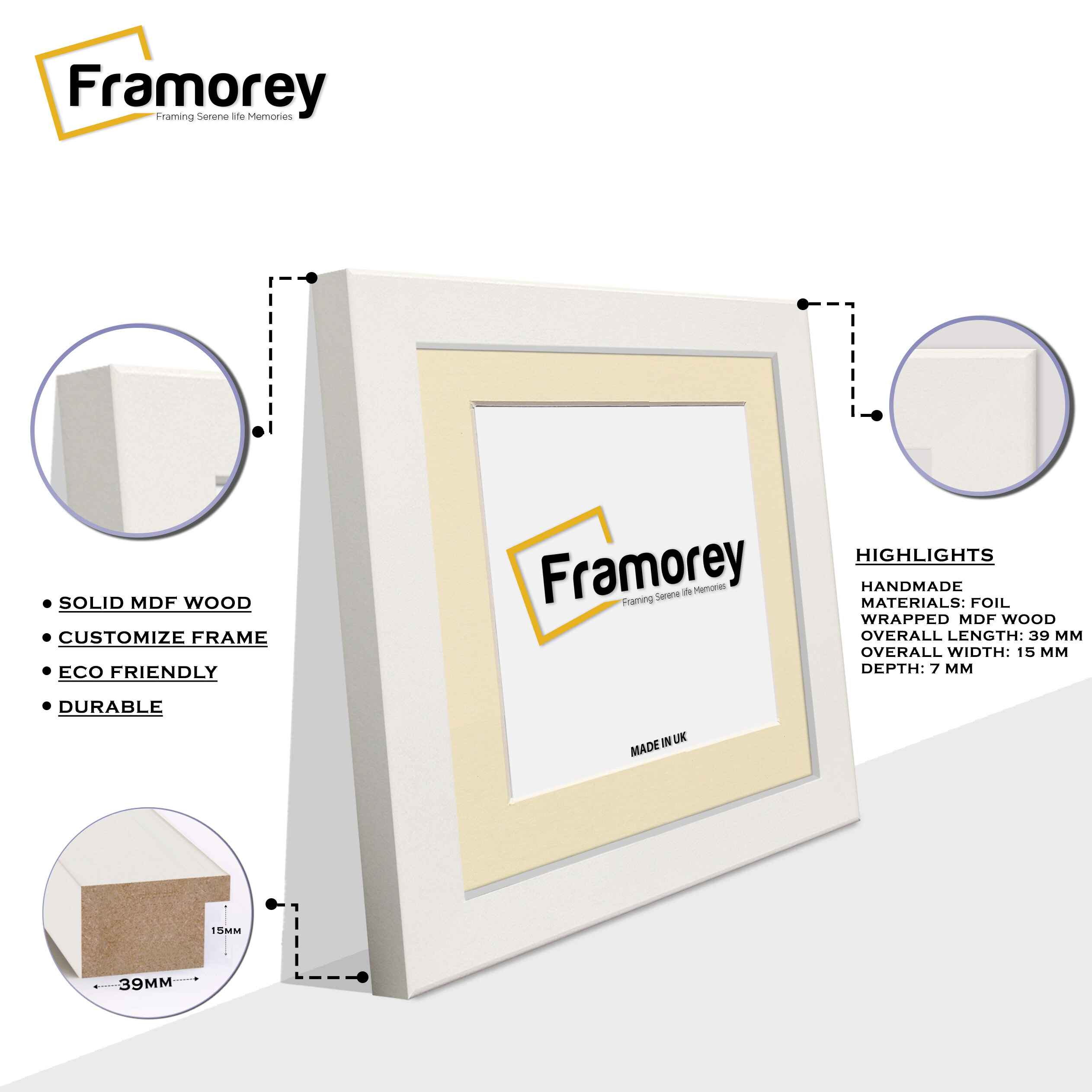 Square Size White Picture Frames Handmade Wooden Photo Frames With Ivory Mount