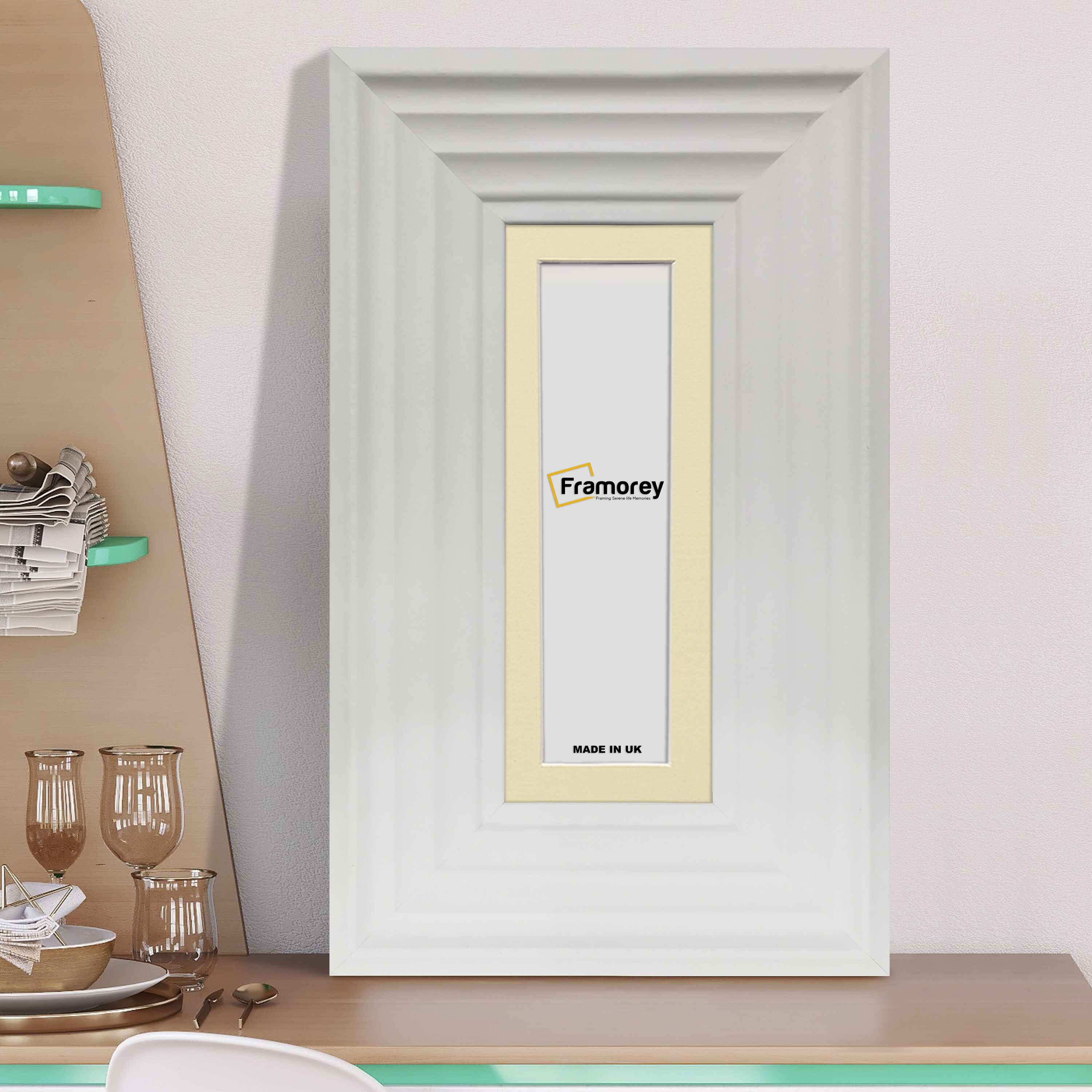Panoramic Size White Wooden Picture Frame Big Step Style, With Ivory Mount