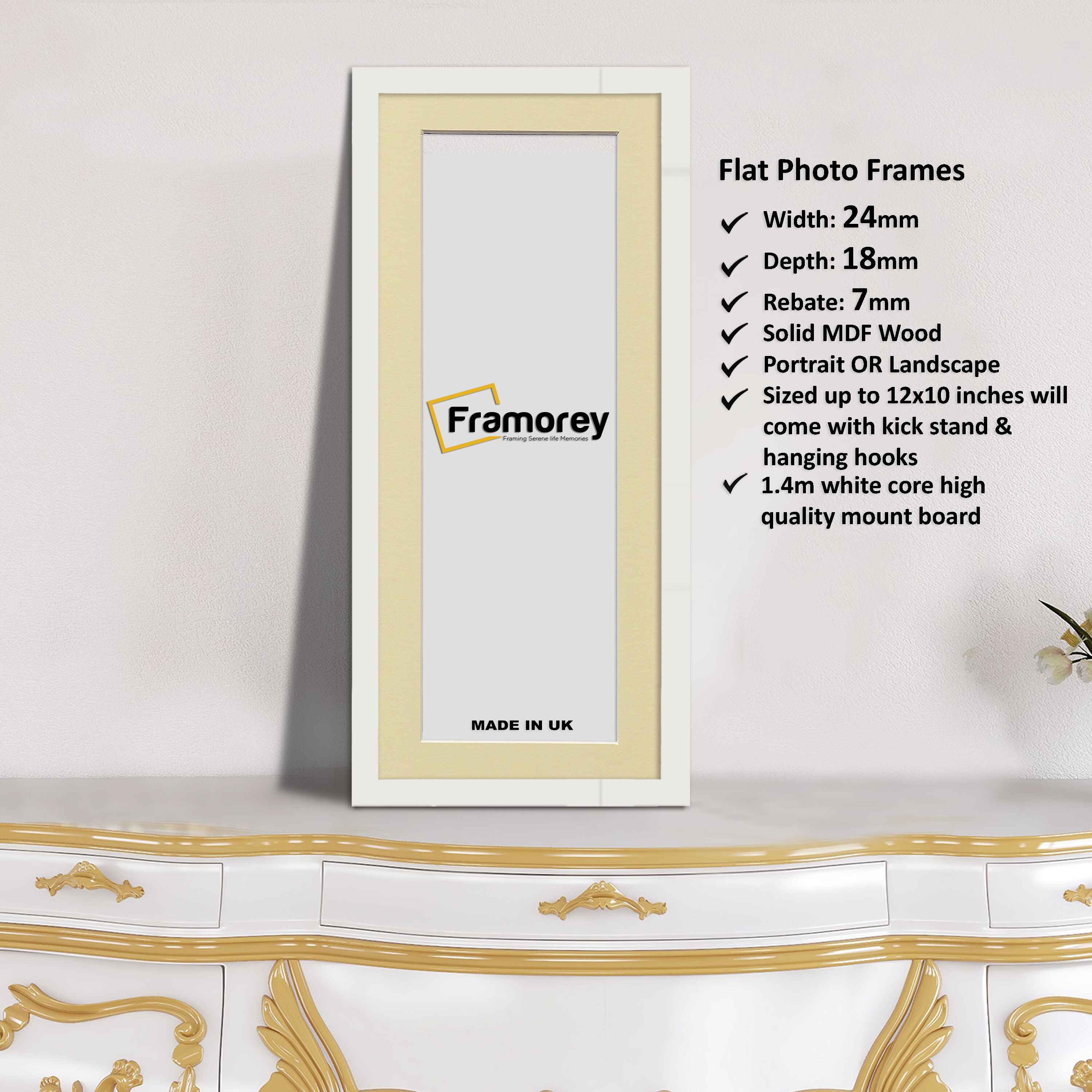 Flat Panoramic White Picture Photo Frame Wall Art Poster Frame With Ivory Mount