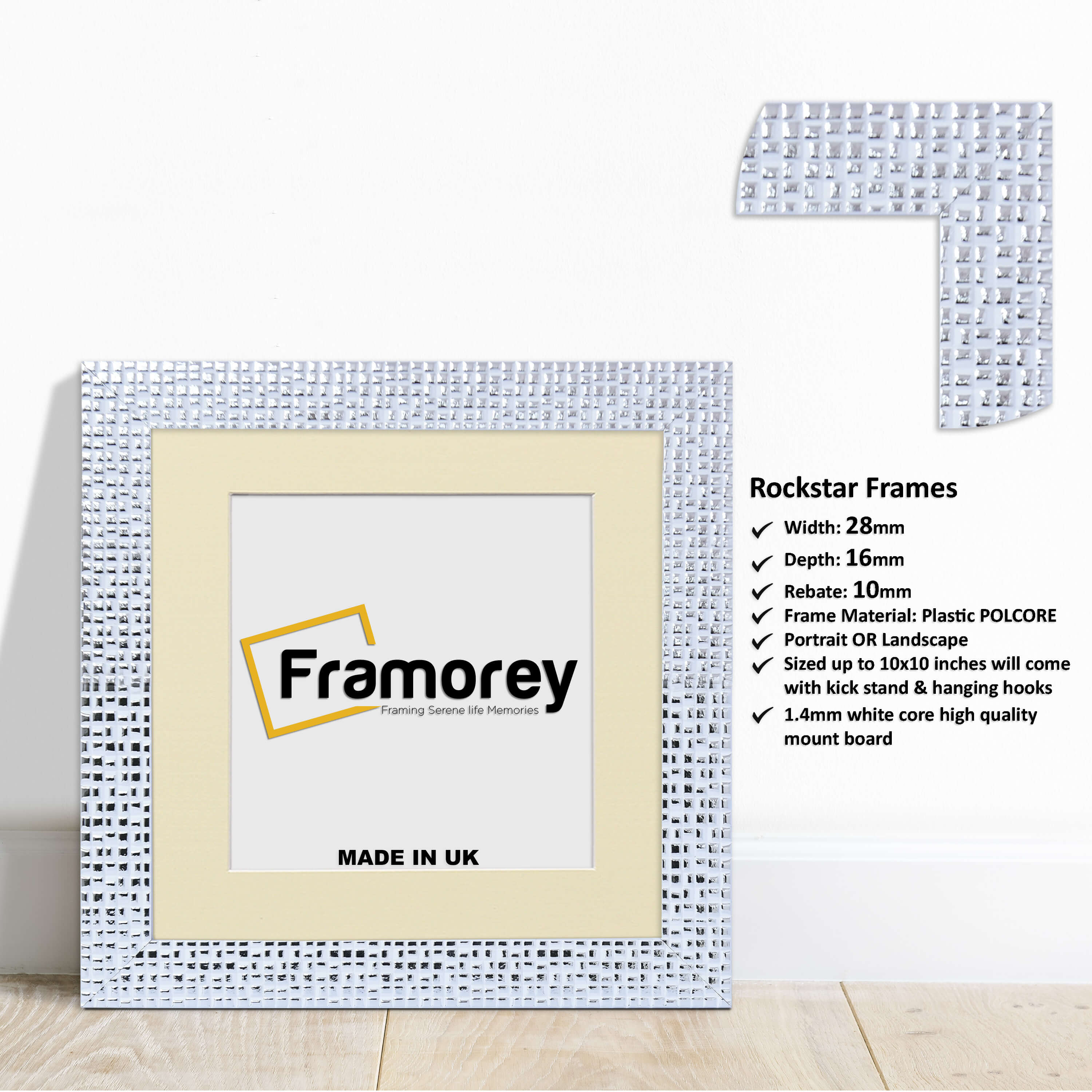 Square Size White Picture Frame Rockstar Style Photo Frame With Ivory Mount