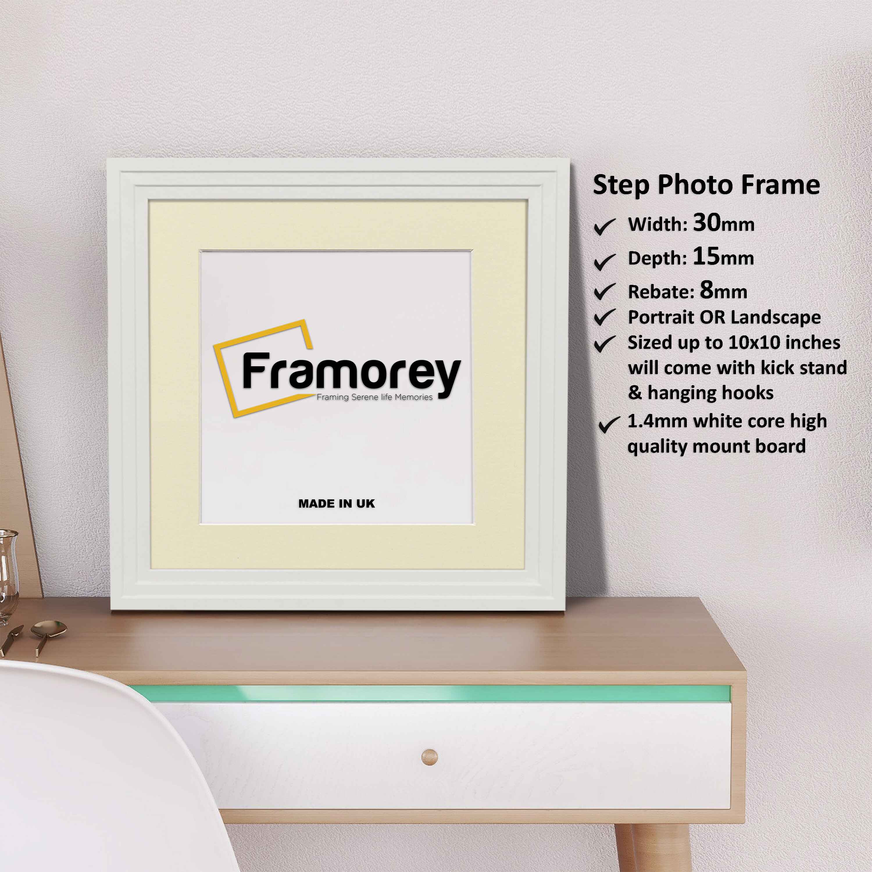 Step Style Square Size White Picture Frame With Ivory Mount