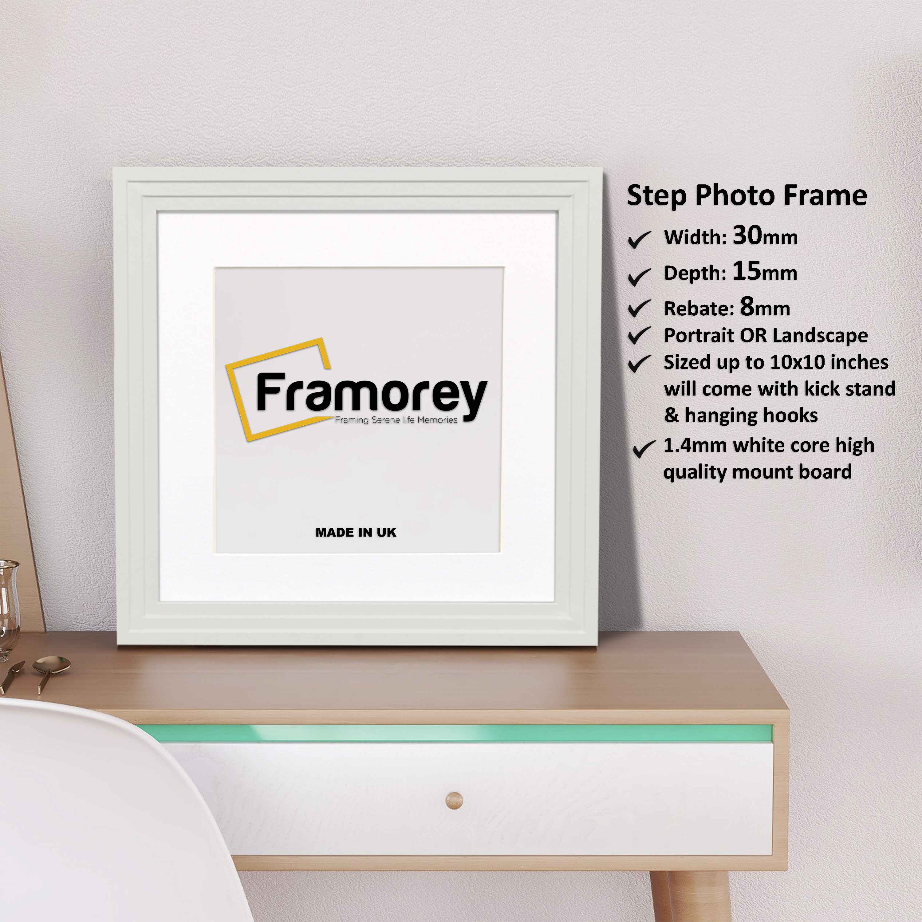 Step Style Square Size White Picture Frame With White Mount