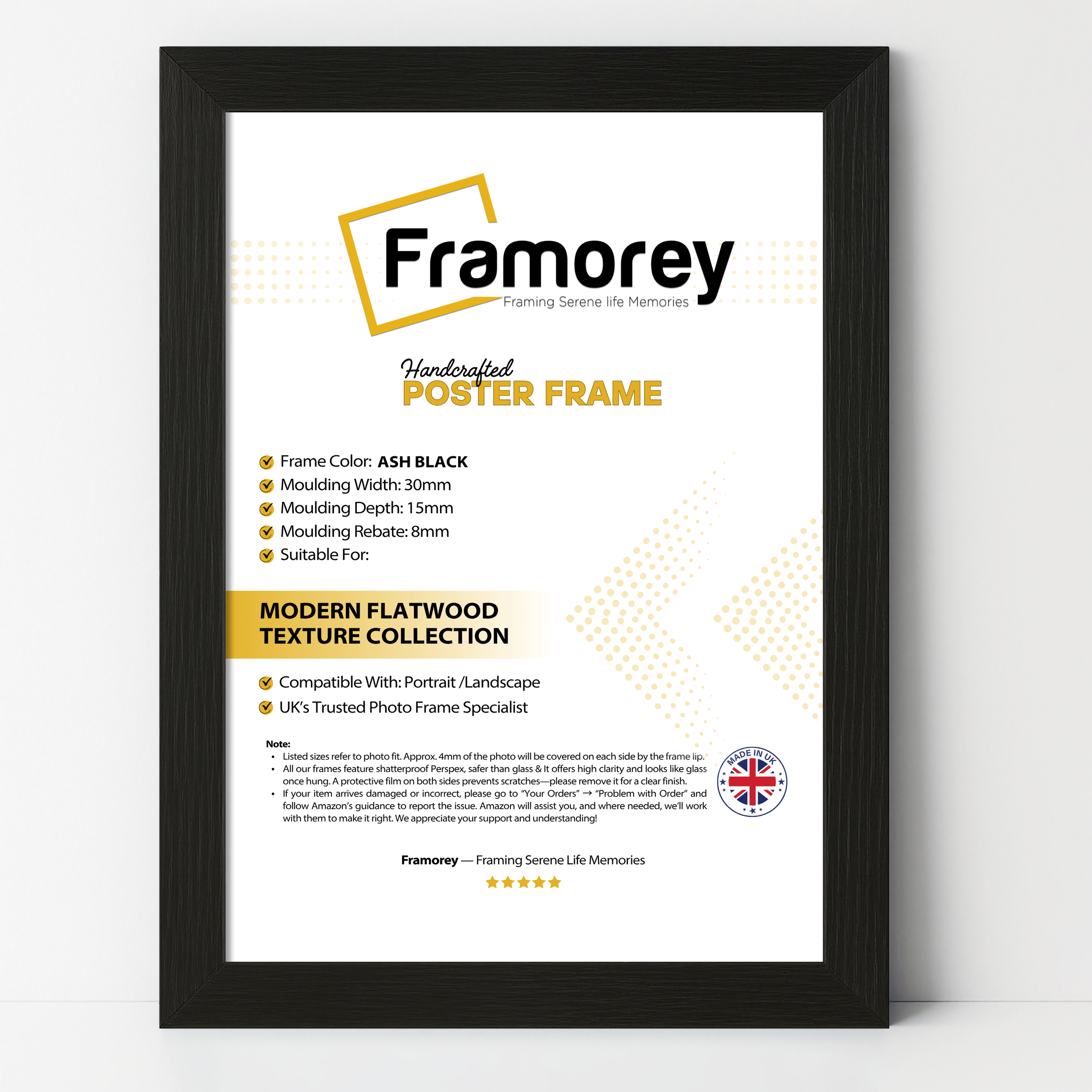 Framorey black picture frame with a close-up of the corner detailing its width, depth, and rebate. The image also highlights features such as portrait or landscape orientation, kickstand, and hanging hooks for sizes up to 12x10 inches