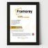 Framorey black picture frame with a close-up of the corner detailing its width, depth, and rebate. The image also highlights features such as portrait or landscape orientation, kickstand, and hanging hooks for sizes up to 12x10 inches