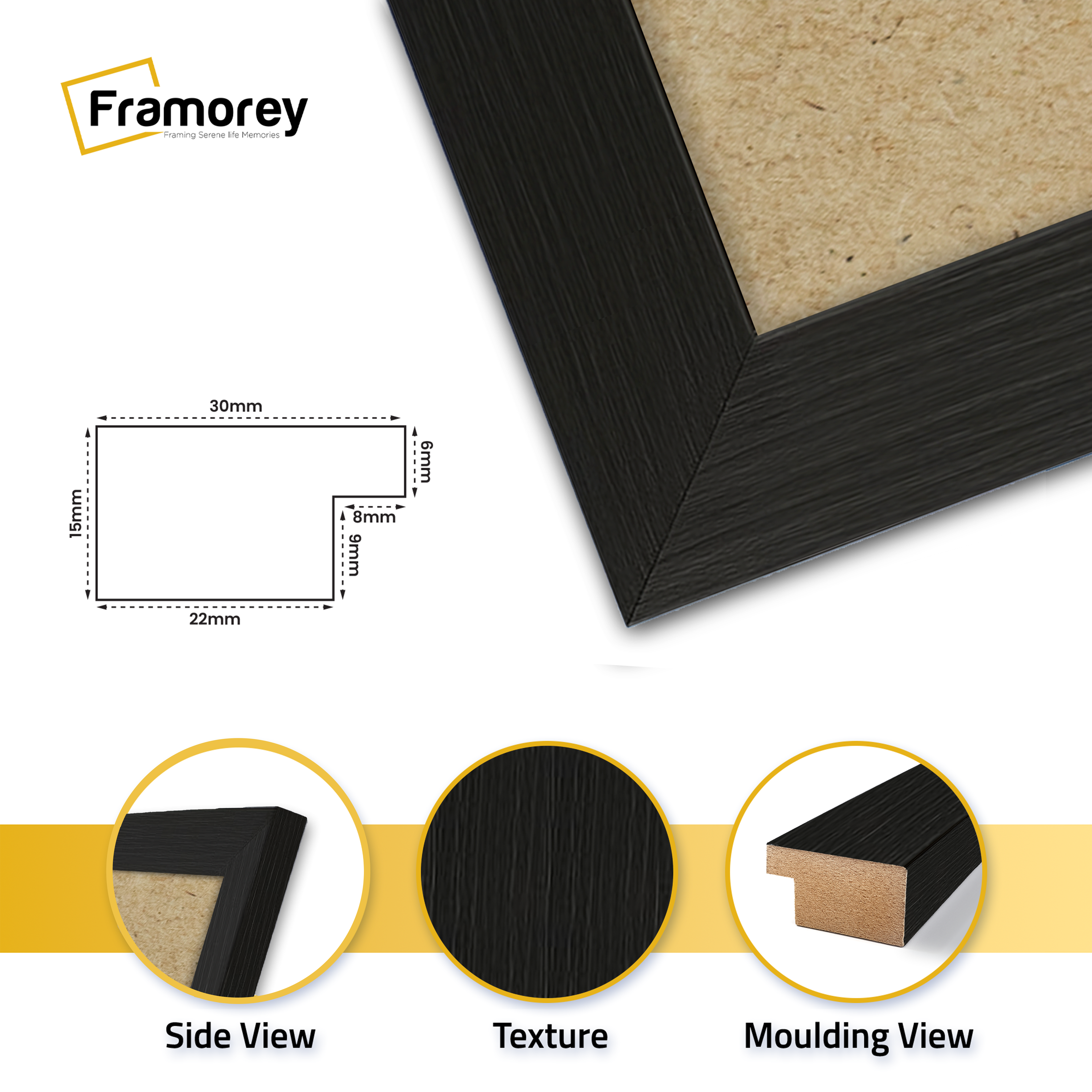 Black Framorey picture frame with logo on a white wall, red flowers on the side.