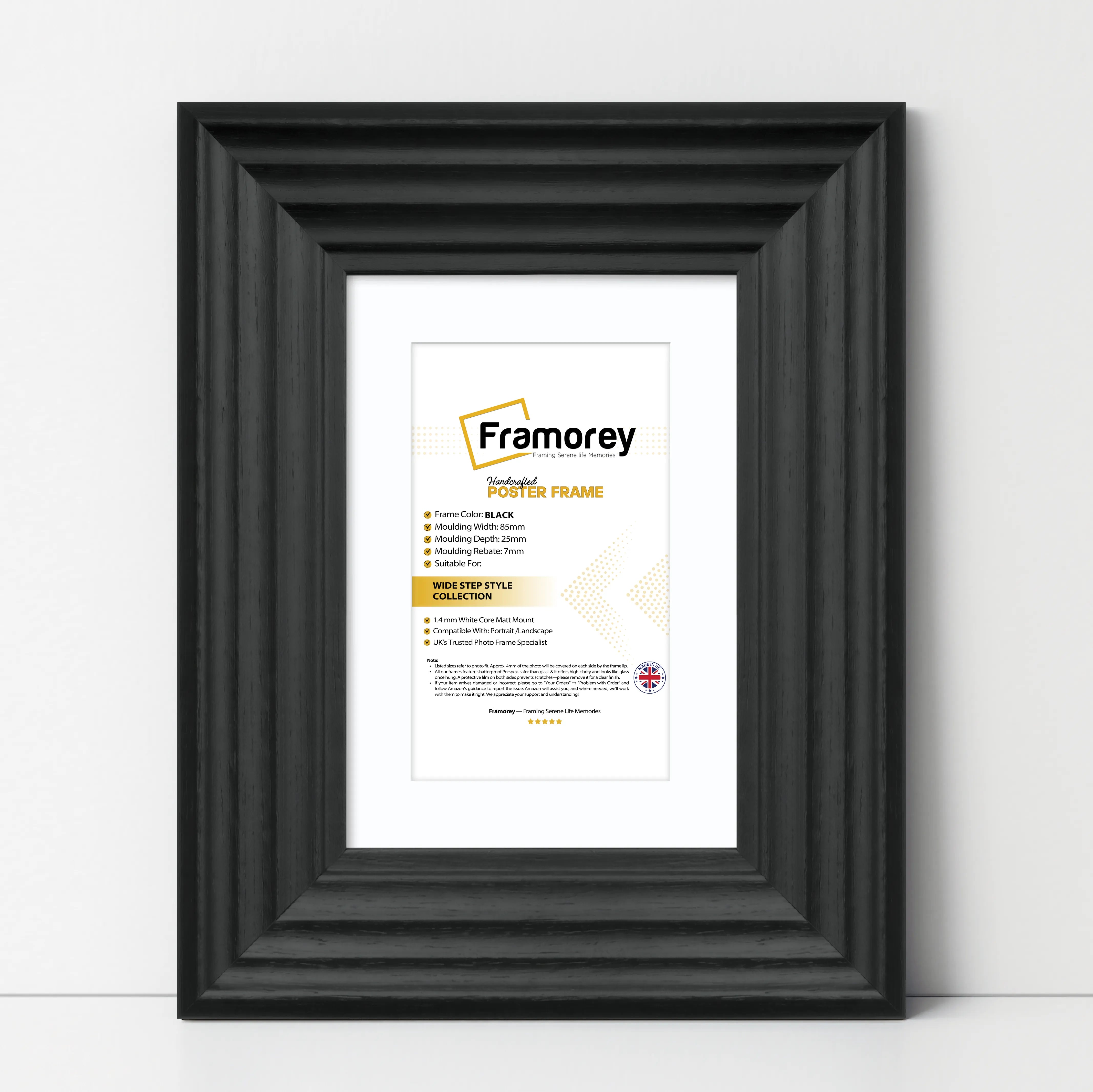 Black Wooden Picture Frames Big Step Style, With White Mount