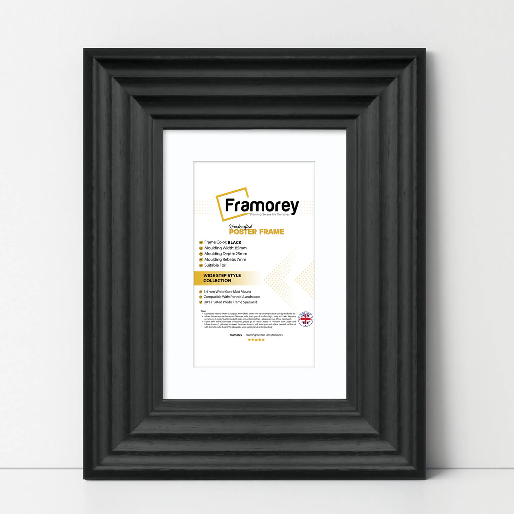 Black Wooden Picture Frames Big Step Style, With White Mount