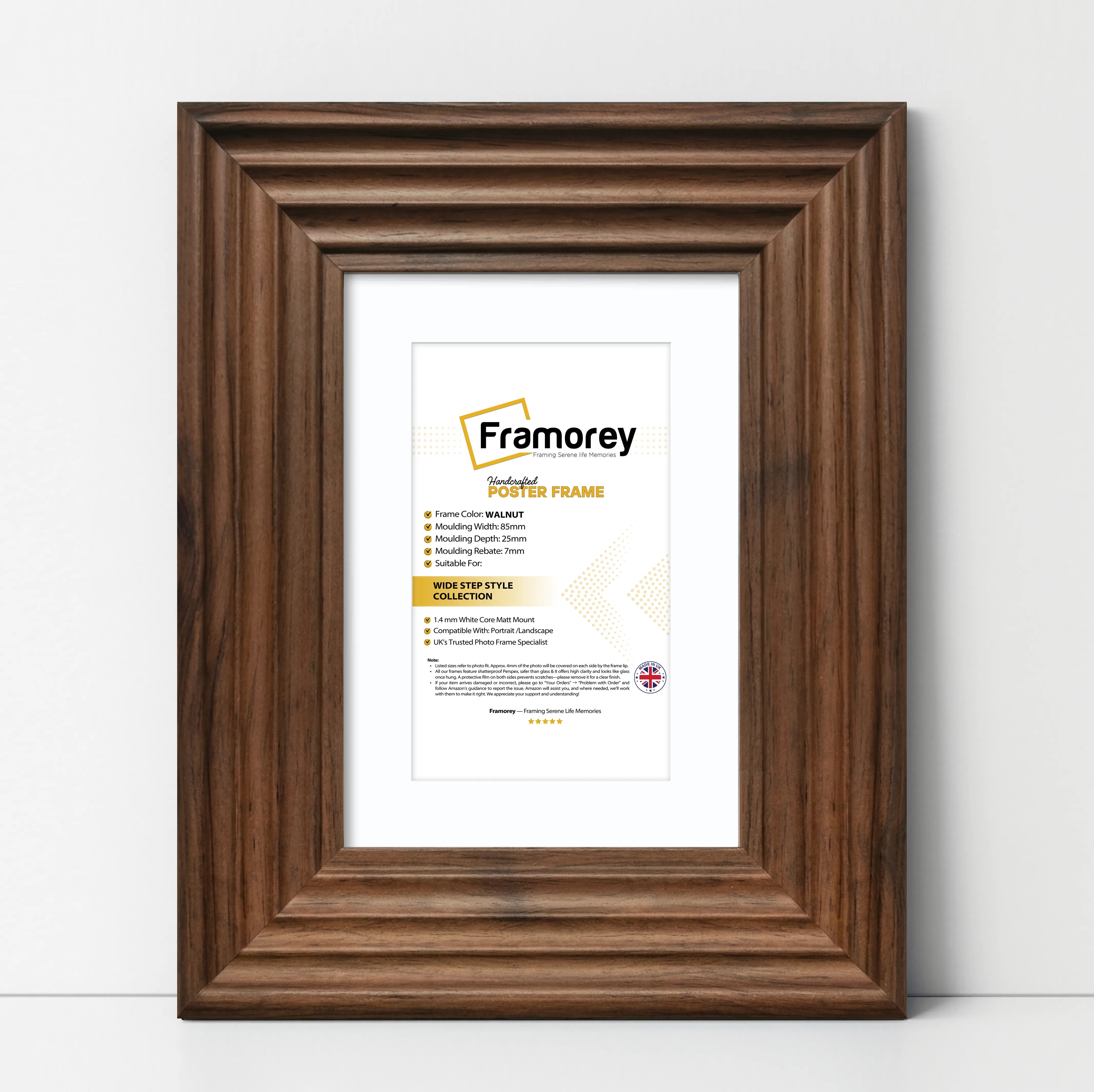 Walnut Wooden Picture Frames Big Step Style, With White Mount