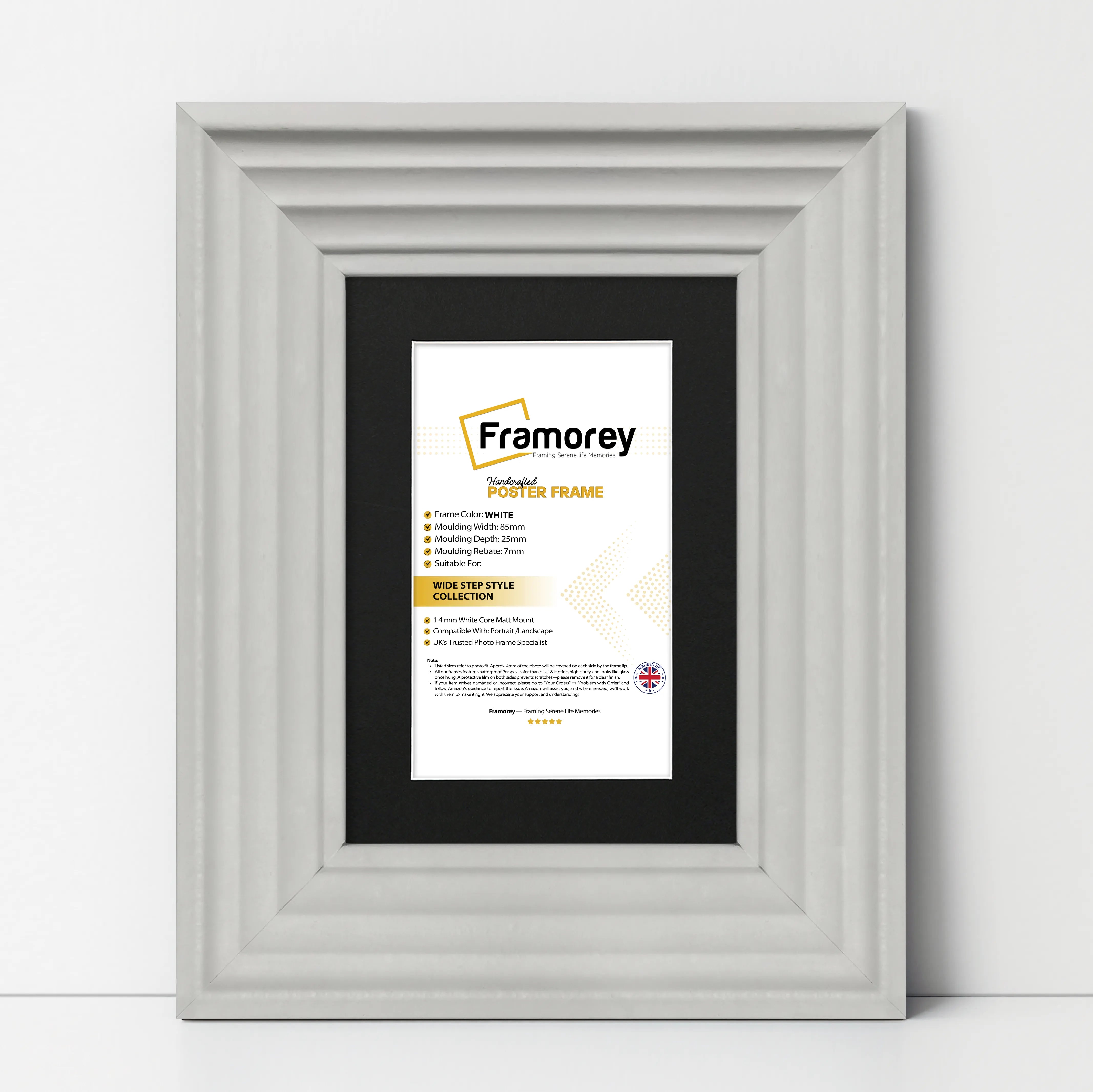 White Wooden Picture Frames Big Step Style, With Black Mount