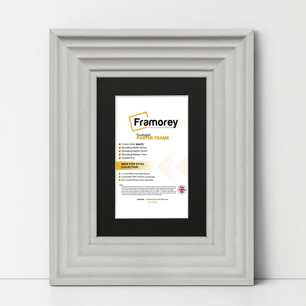White Wooden Picture Frames Big Step Style, With Black Mount