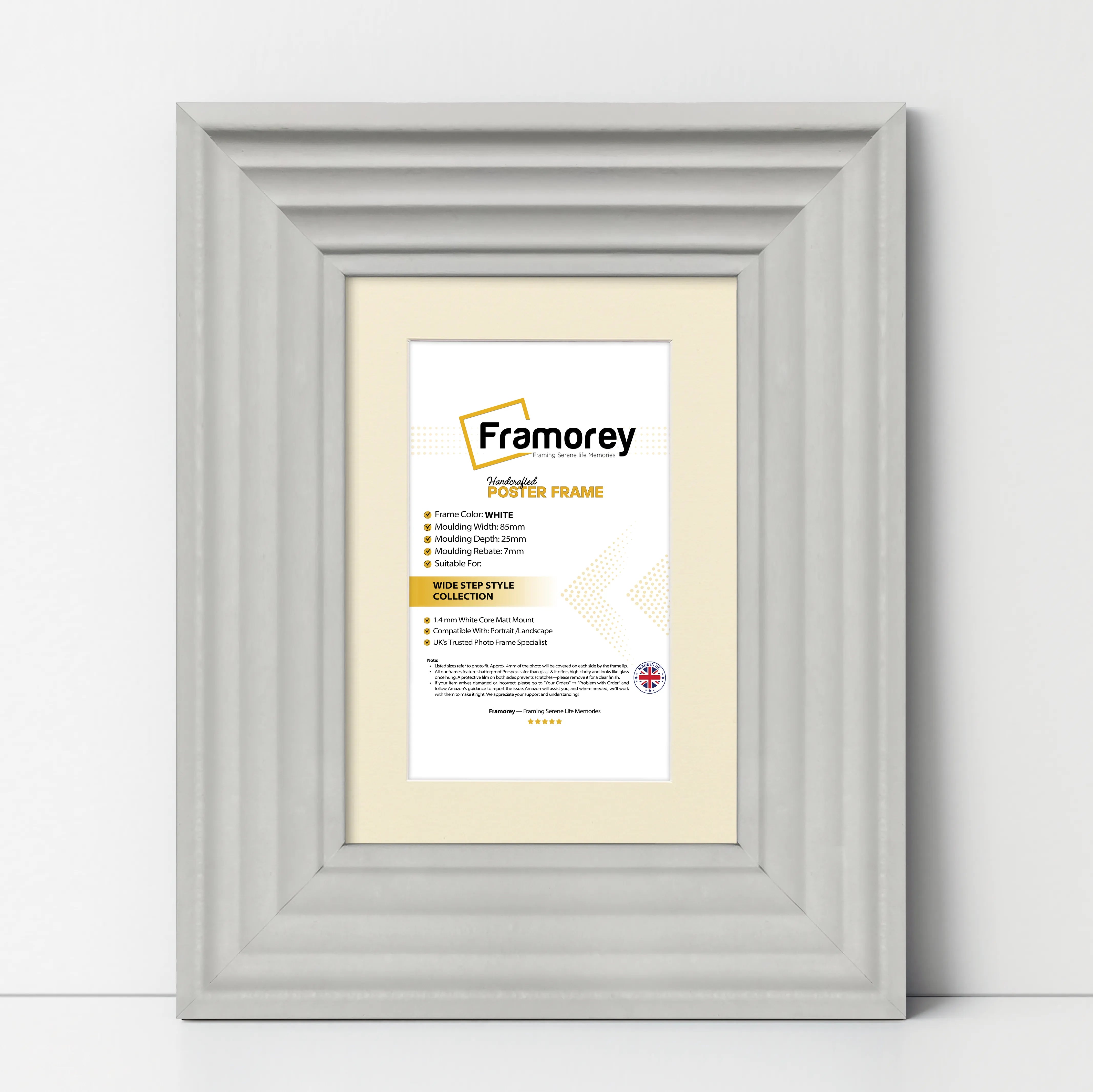 White Wooden Picture Frames Big Step Style With Ivory Mount