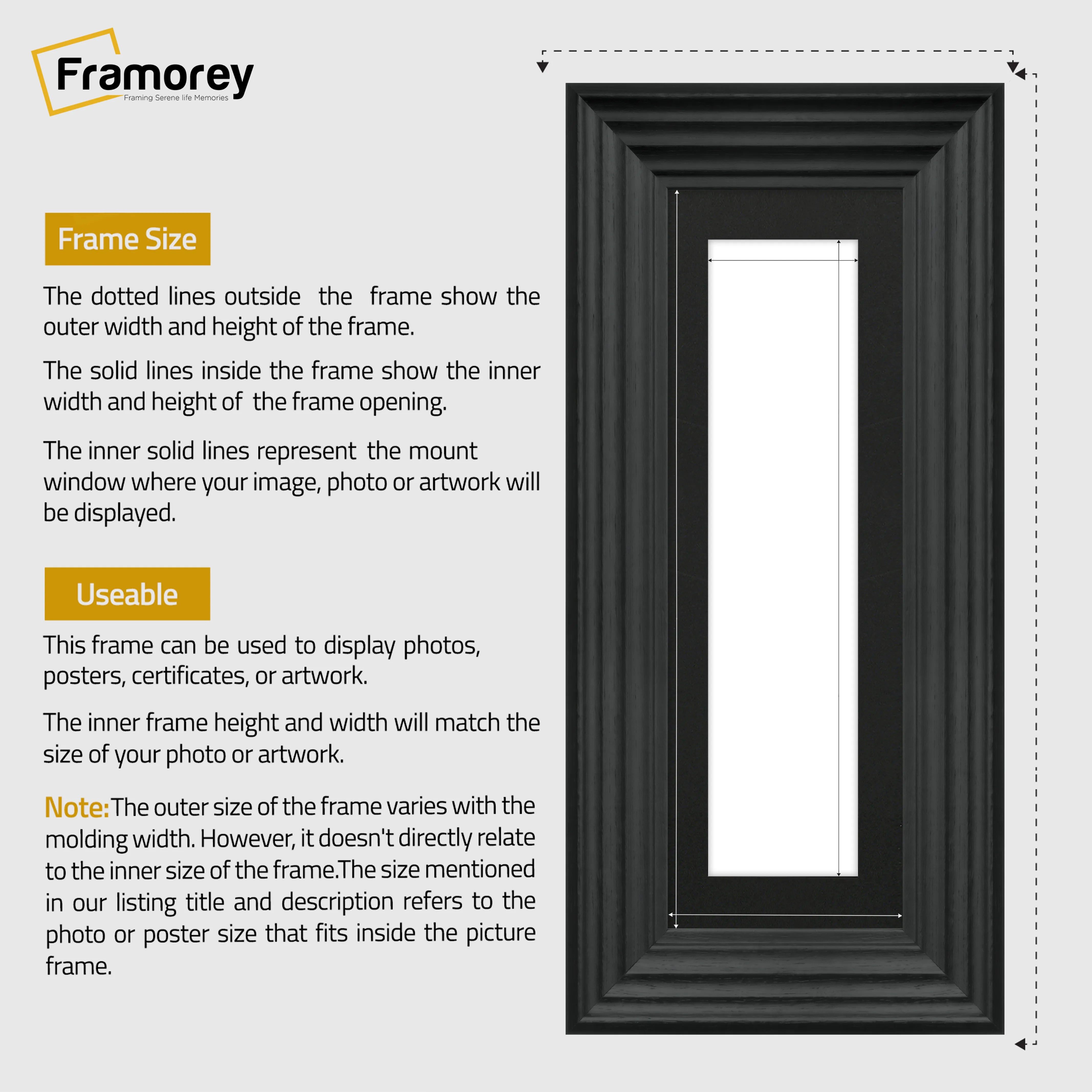 Panoramic Size Black Wooden Picture Frame Big Step With Black Mount