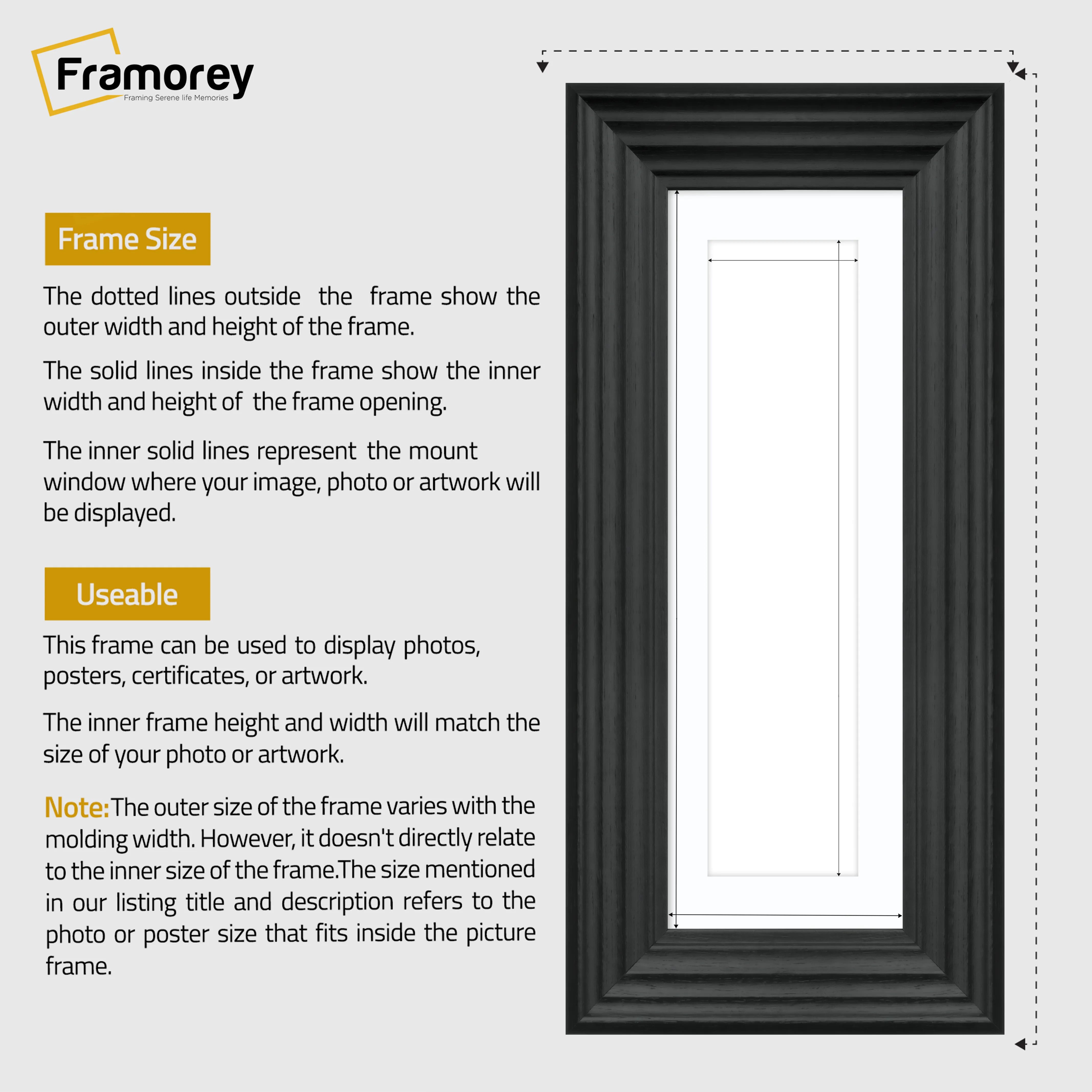 Panoramic Black Wooden Picture Frame Big Step Style, With White Mount
