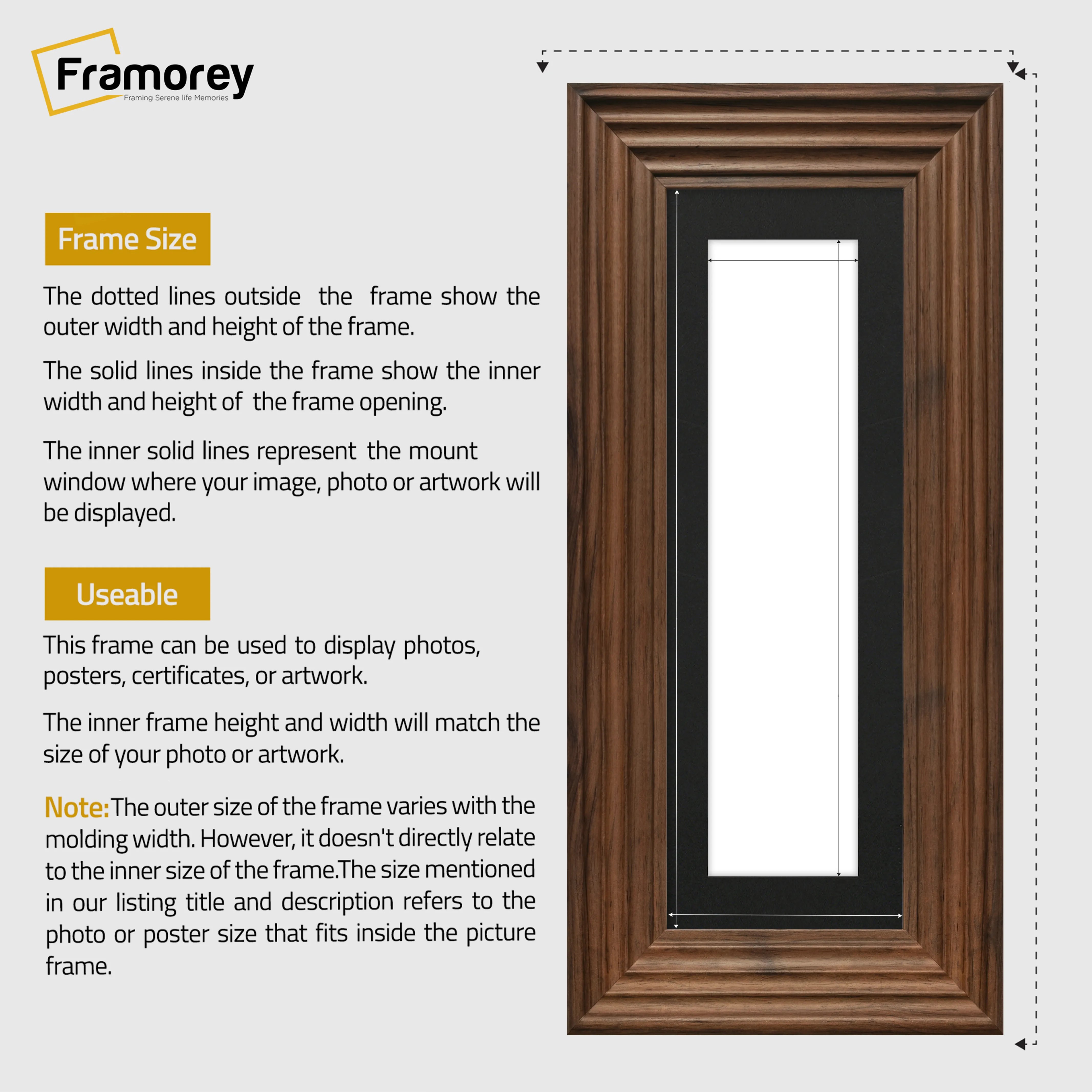 Panoramic Size Walnut Wooden Picture Frame Big Step With Black Mount