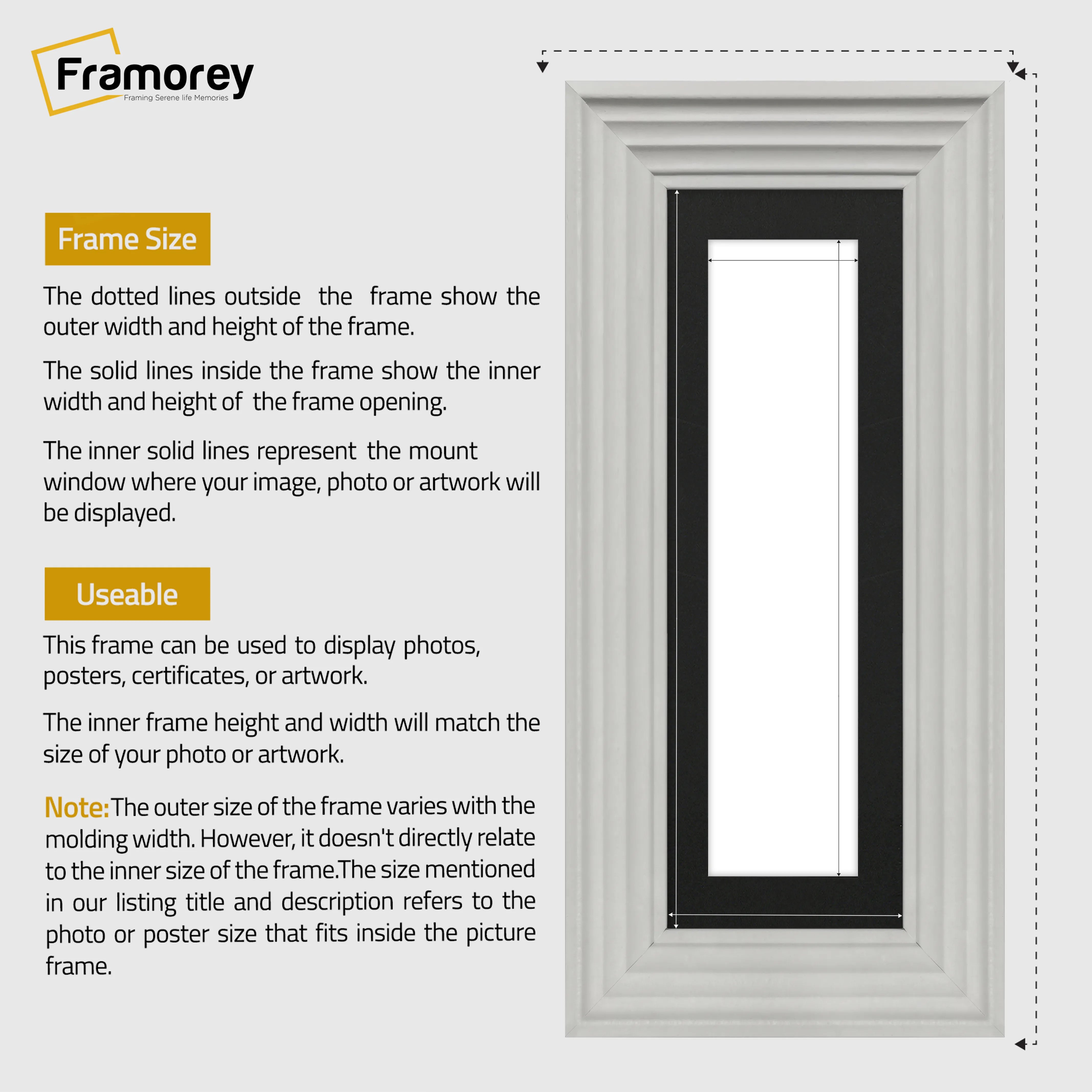 Panoramic Size White Wooden Picture Frame Big Step Style, With Black Mount