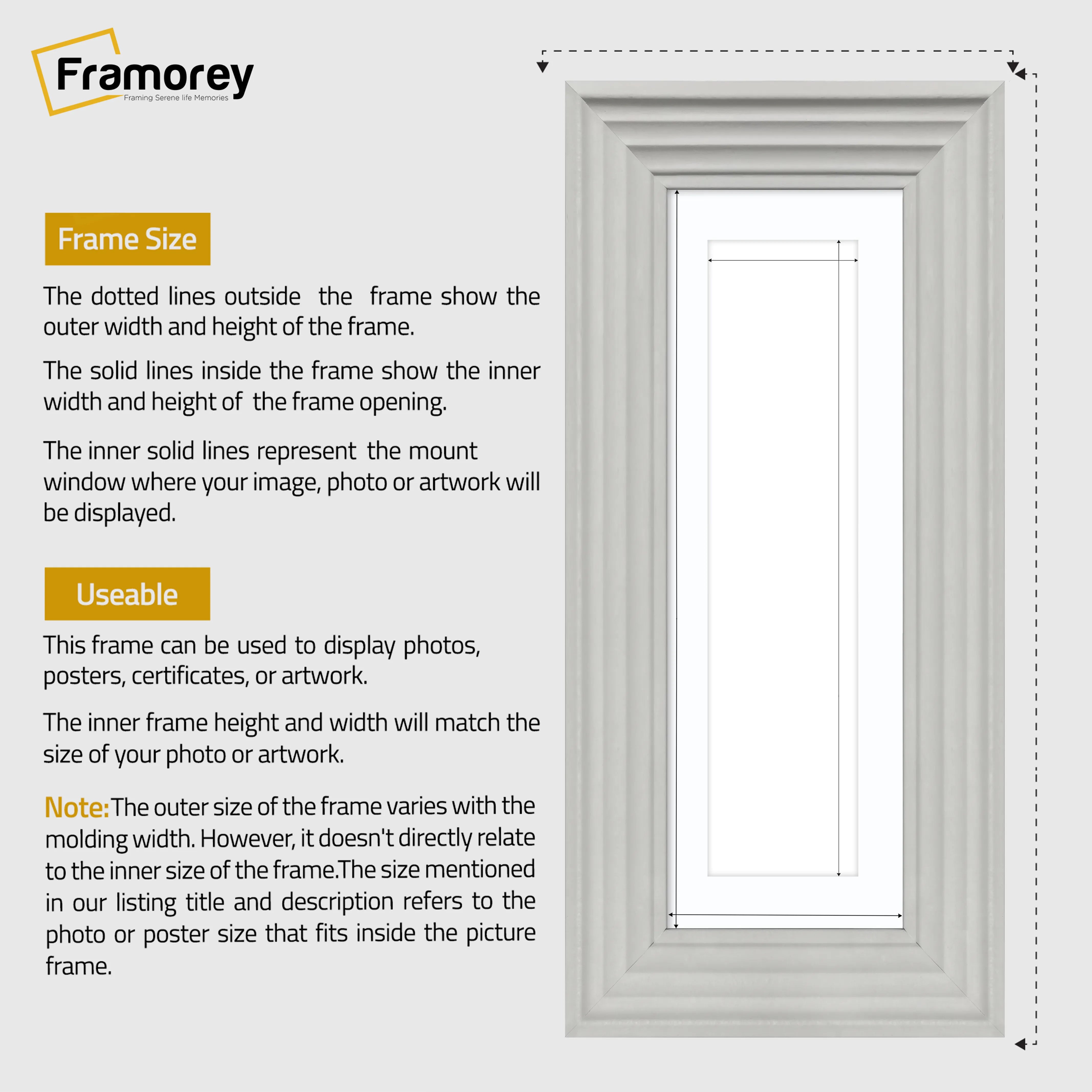 Panoramic White Wooden Picture Frame Big Step Style With White Mount