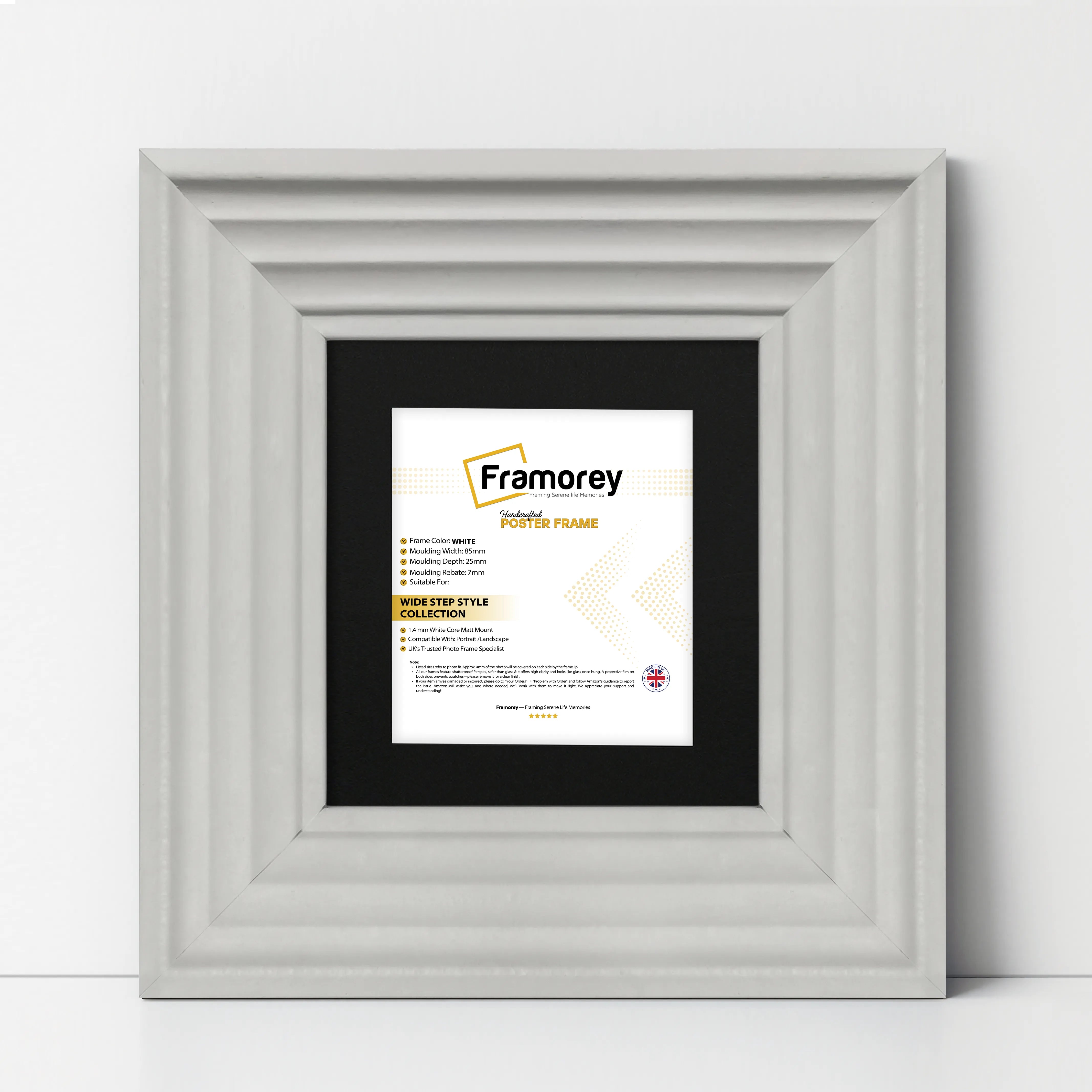 Big Step Style Square White Wooden Picture Frame With Black Mount