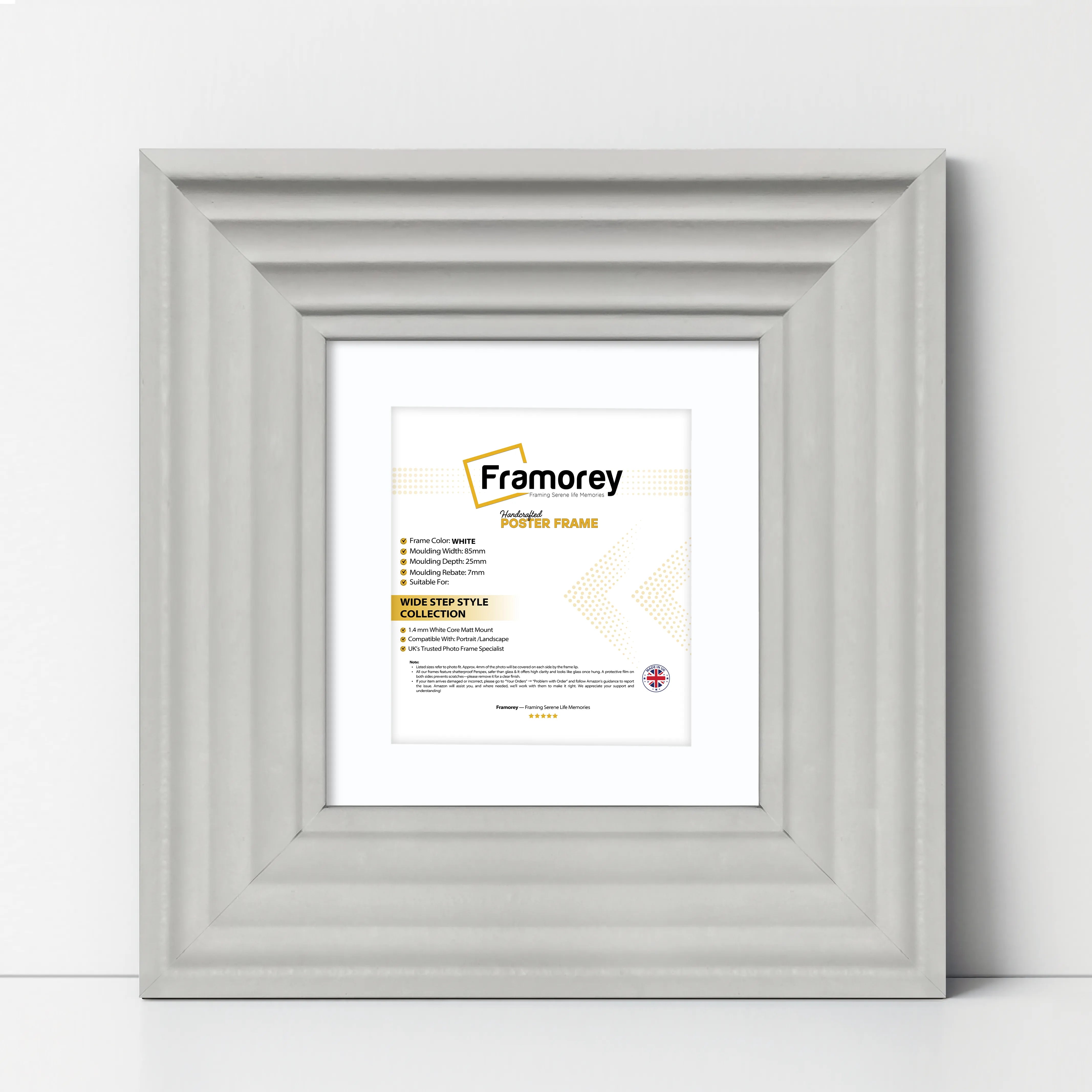 Big Step Style Square White Wooden Picture Frame With White Mount