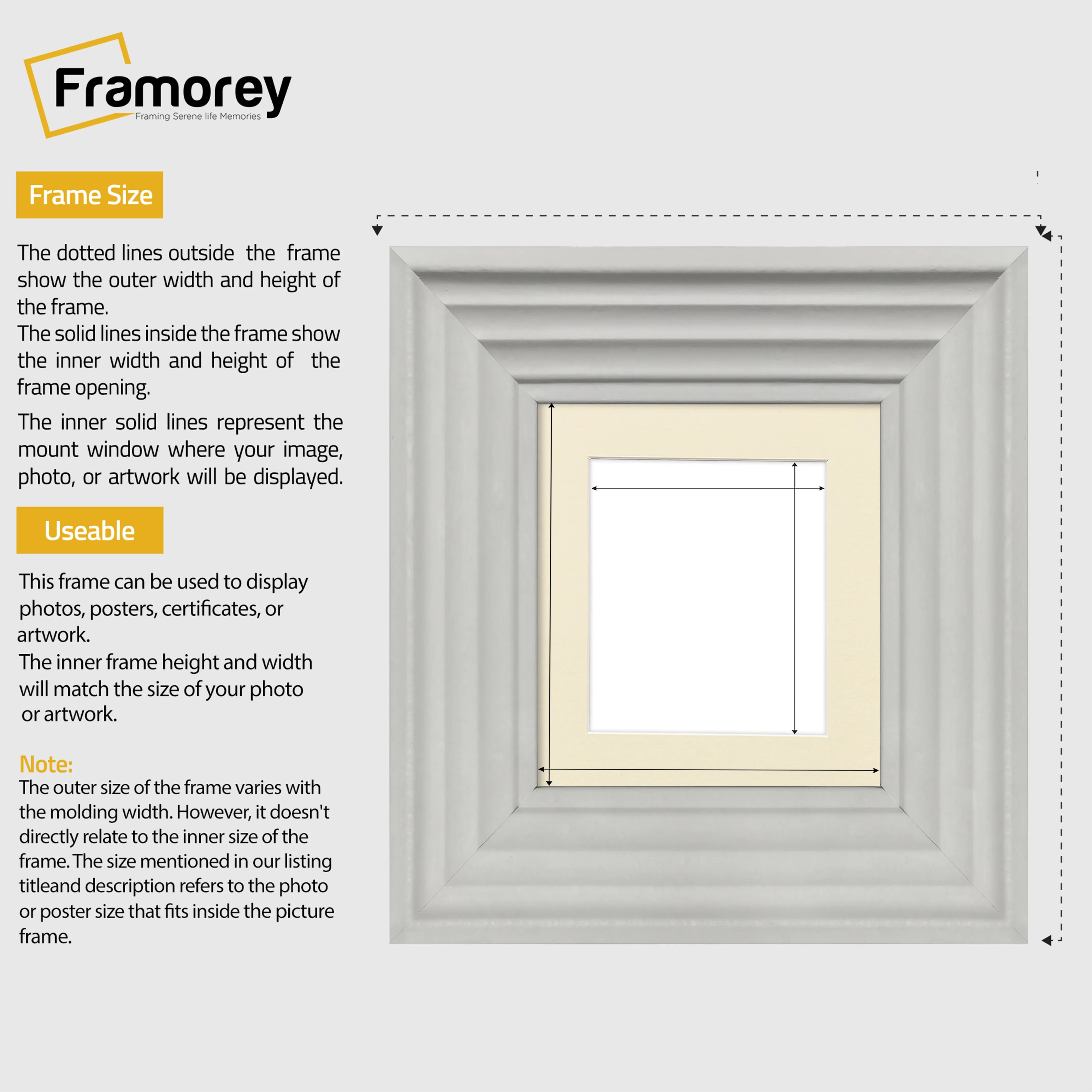 Big Step Style Square White Wooden Picture Frame With Ivory Mount