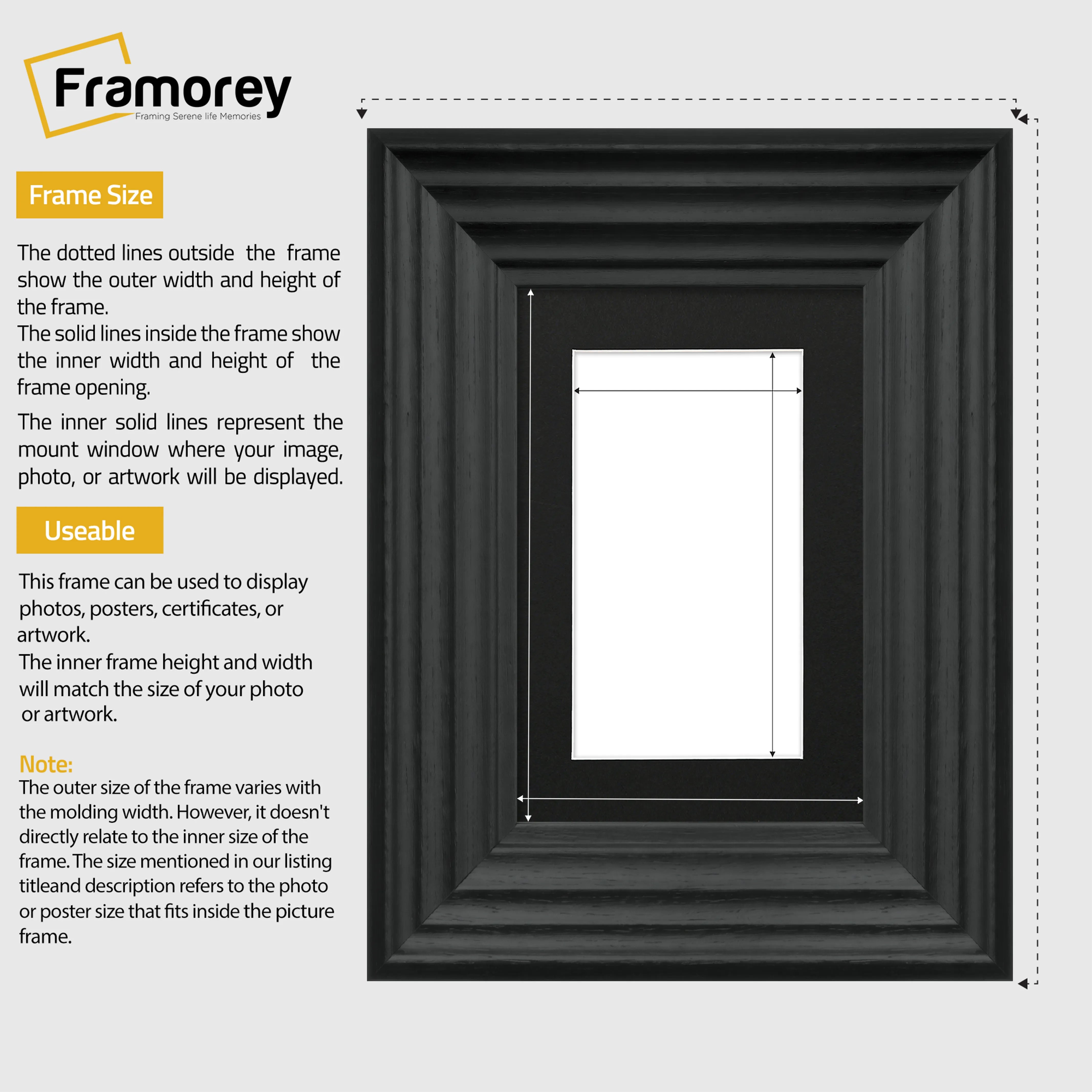 Black Wooden Picture Frames Big Step Style With Black Mount
