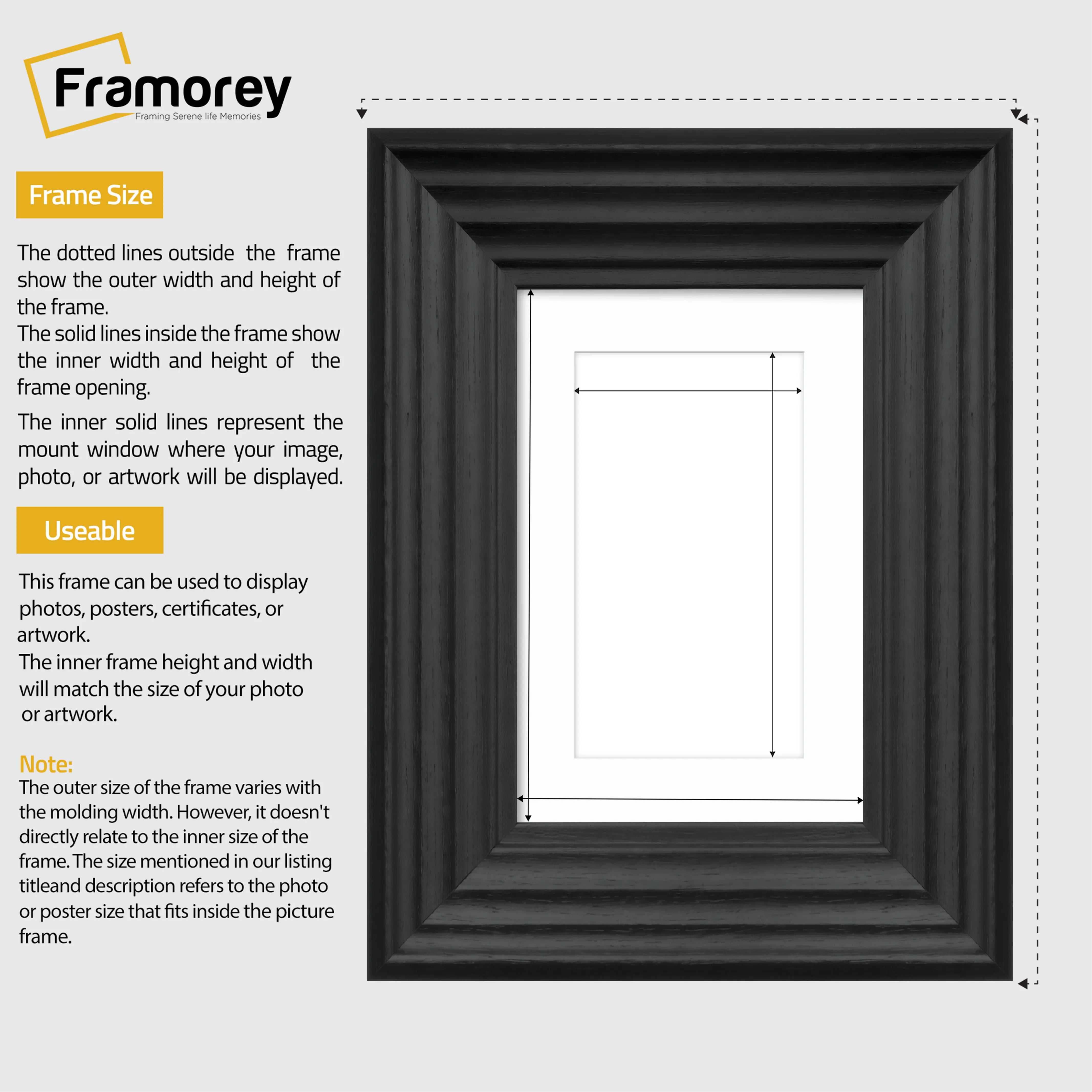Black Wooden Picture Frames Big Step Style, With White Mount