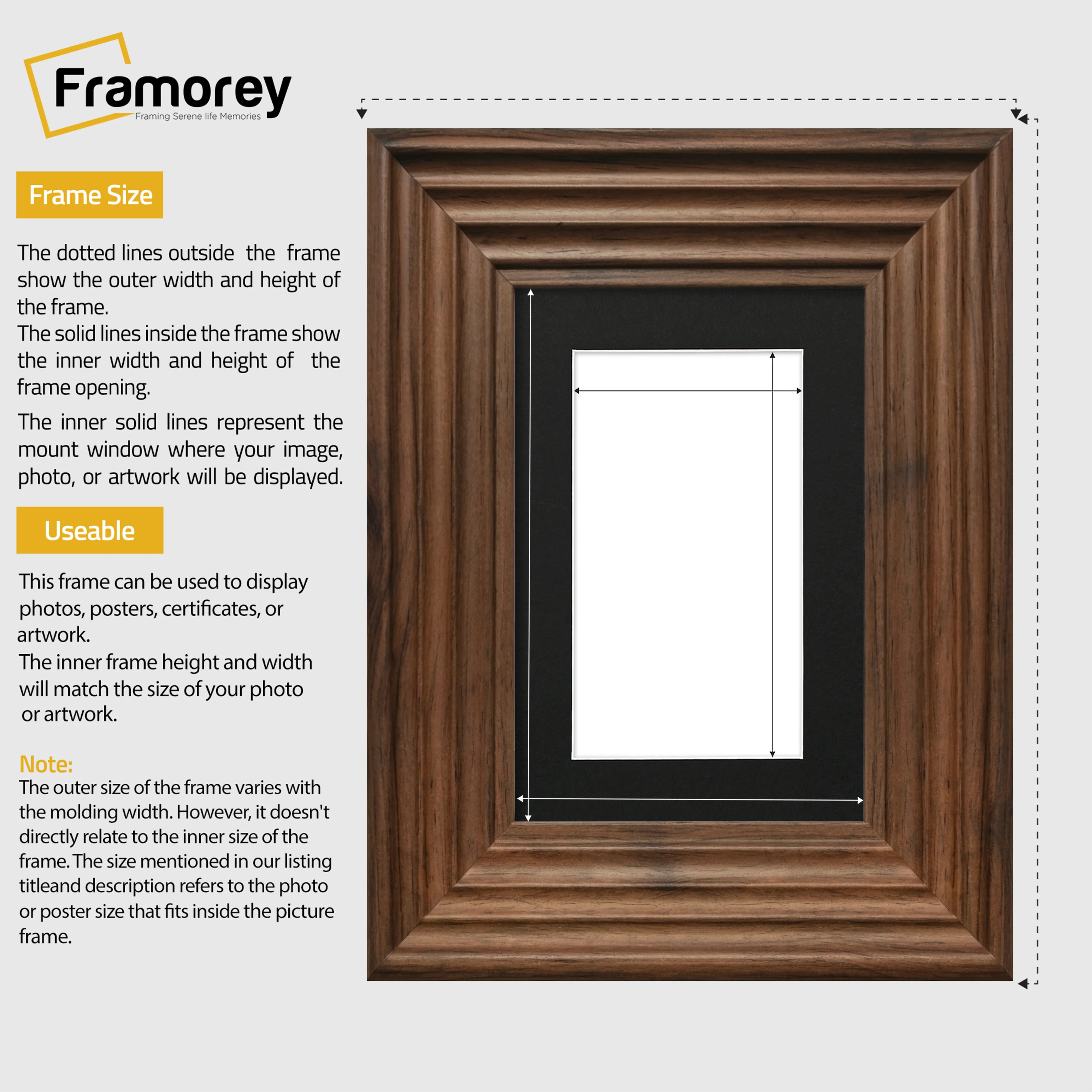 Walnut Wooden Picture Frames Big Step Style With Black Mount