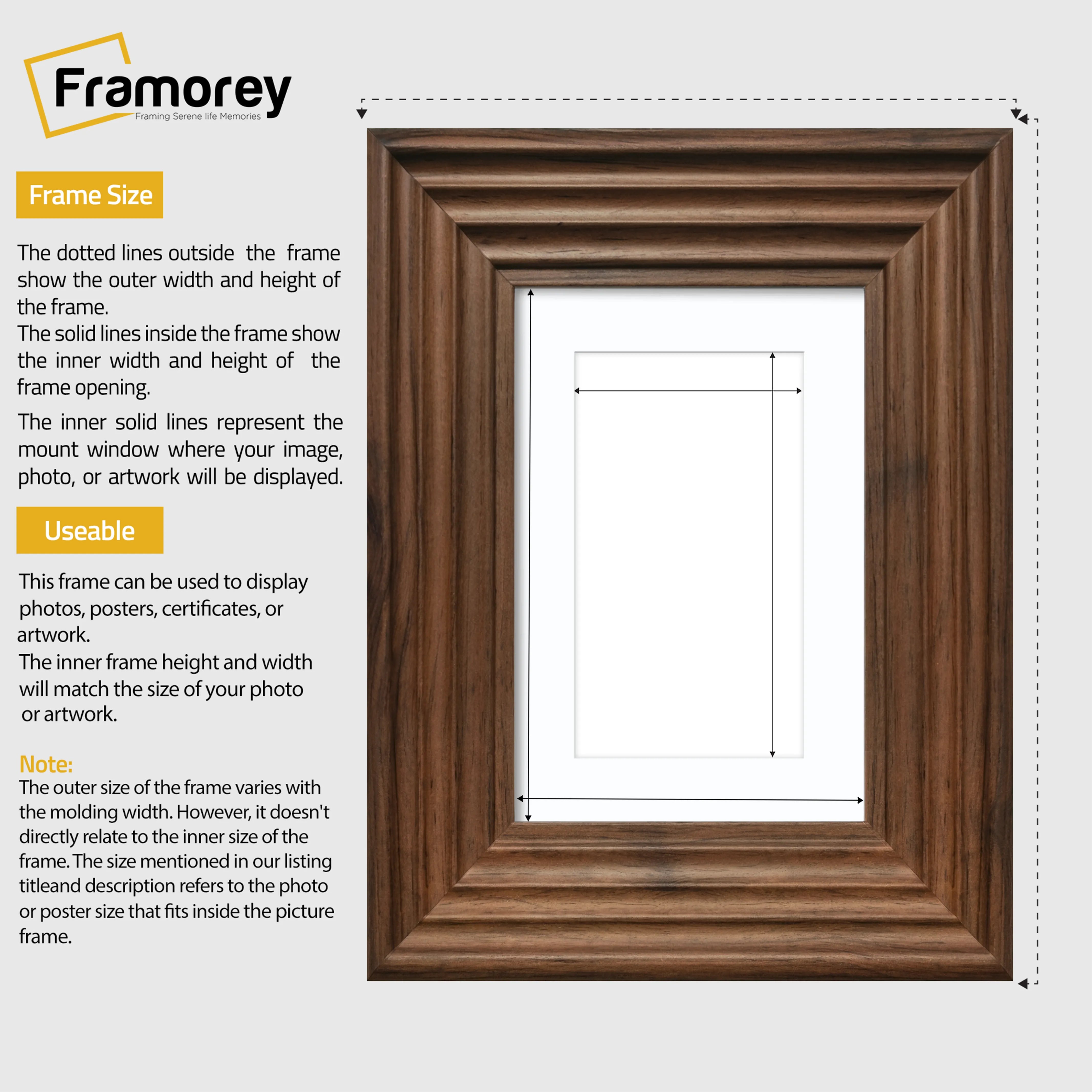 Walnut Wooden Picture Frames Big Step Style, With White Mount